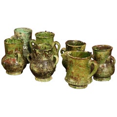 Retro Set of Seven French Green Glazed Pots Vases and Pitcher from Provence