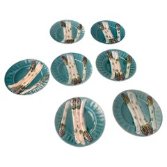 Set of Seven French Majolica Depose KG Luneville Asparagus Plates