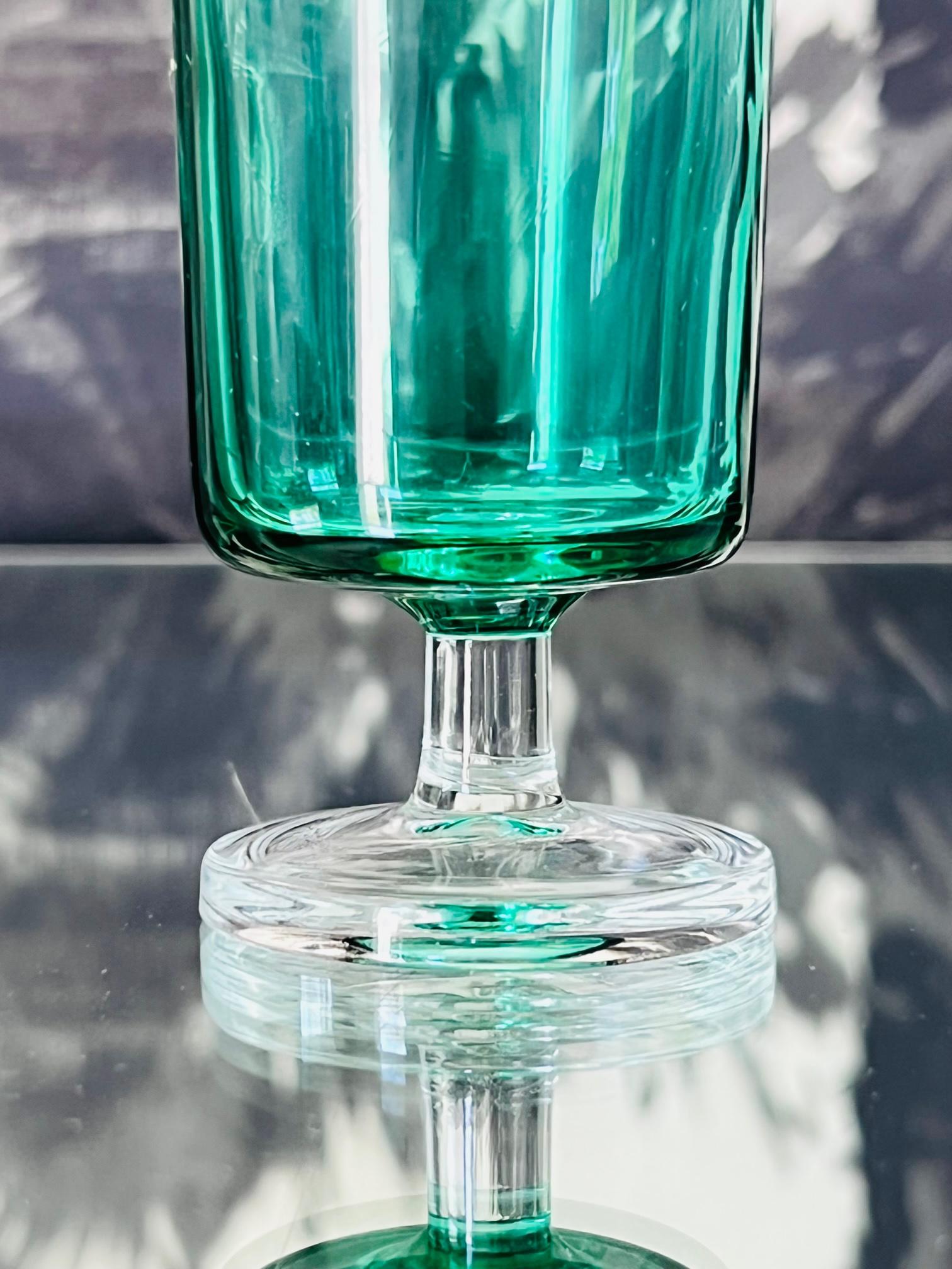 Vintage Crystal Champagne Flutes in Emerald Green, Set of Seven, circa