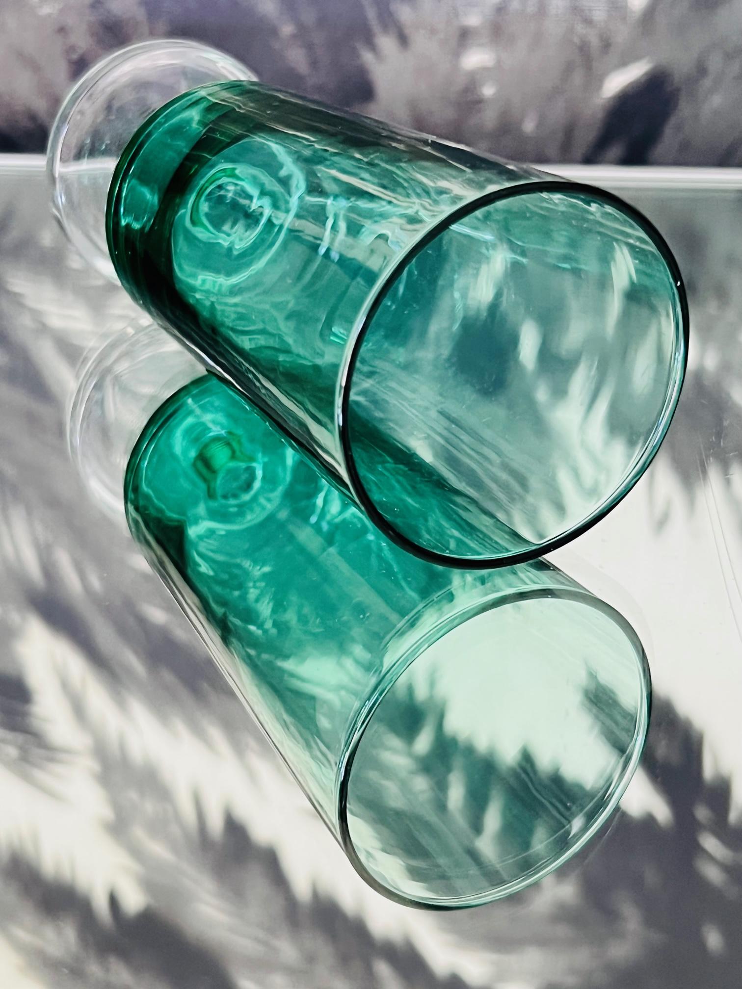 Vintage Crystal Champagne Flutes in Emerald Green, Set of Seven, circa