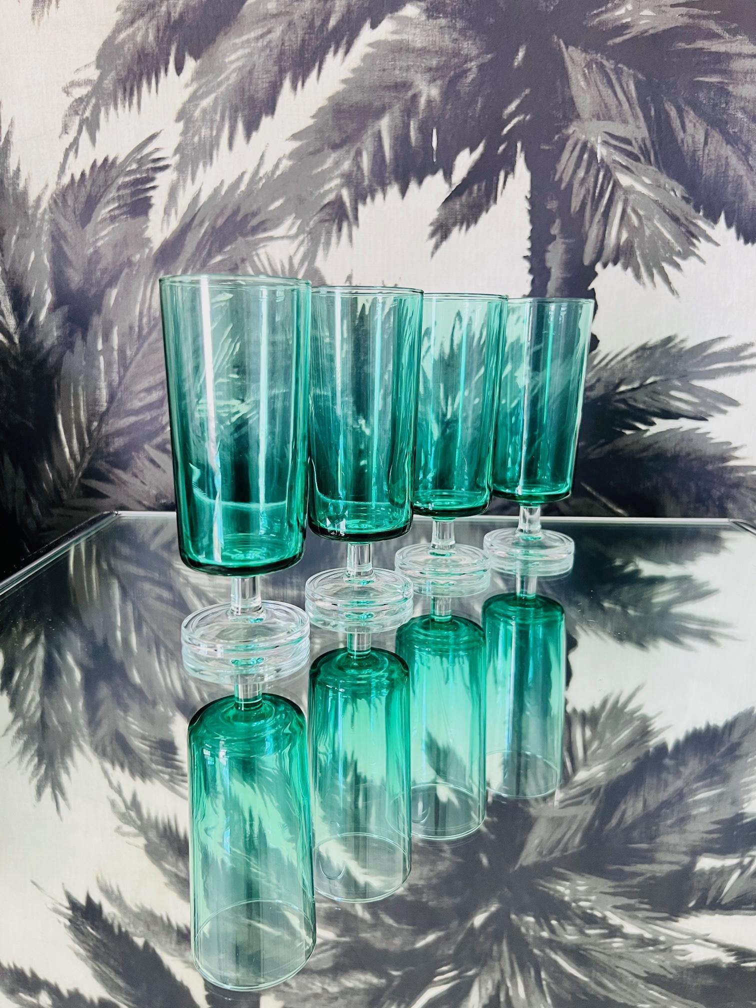 Vintage Crystal Champagne Flutes in Emerald Green, Set of Seven, circa