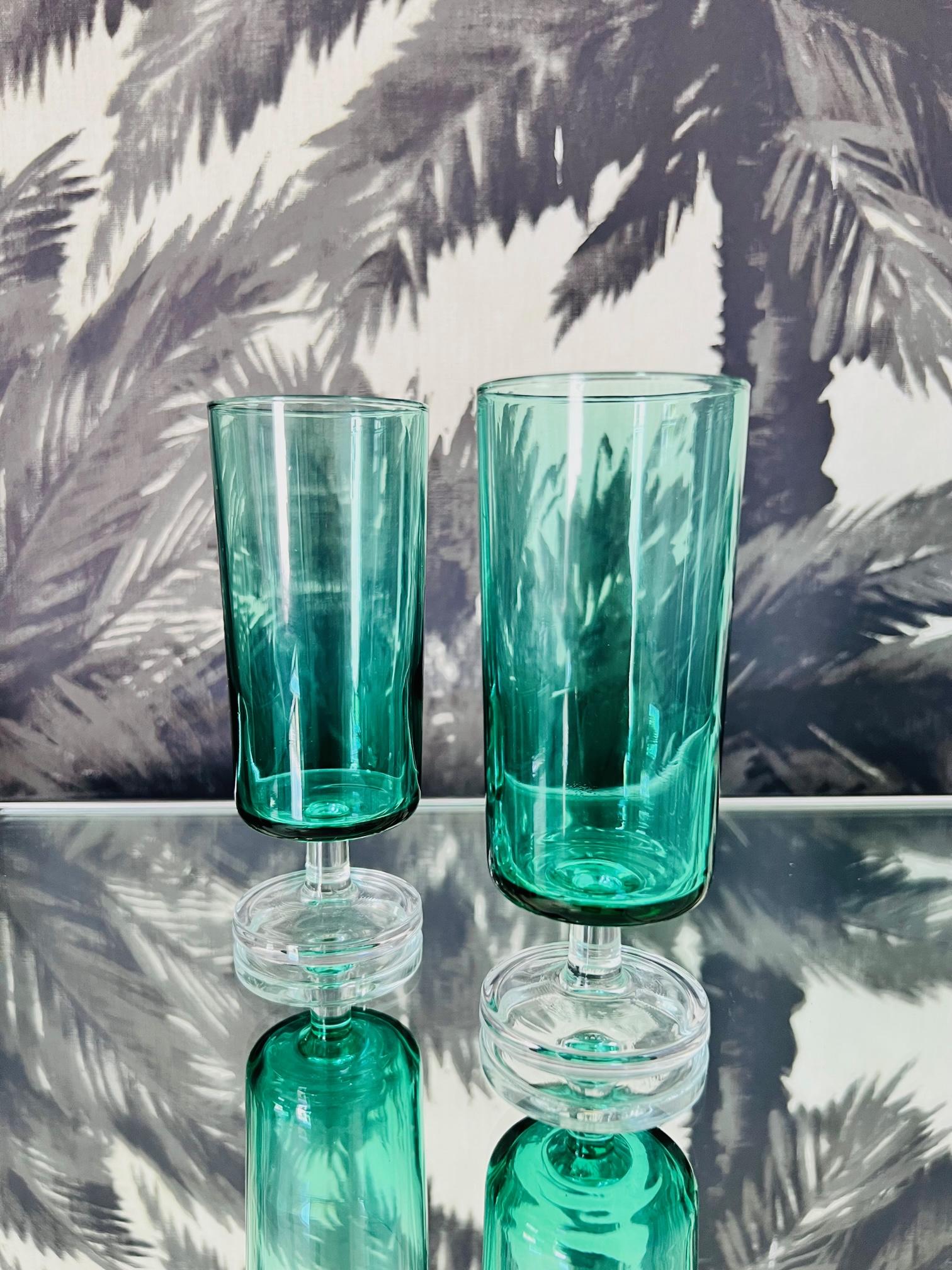 Vintage Crystal Champagne Flutes in Emerald Green, Set of Seven, circa