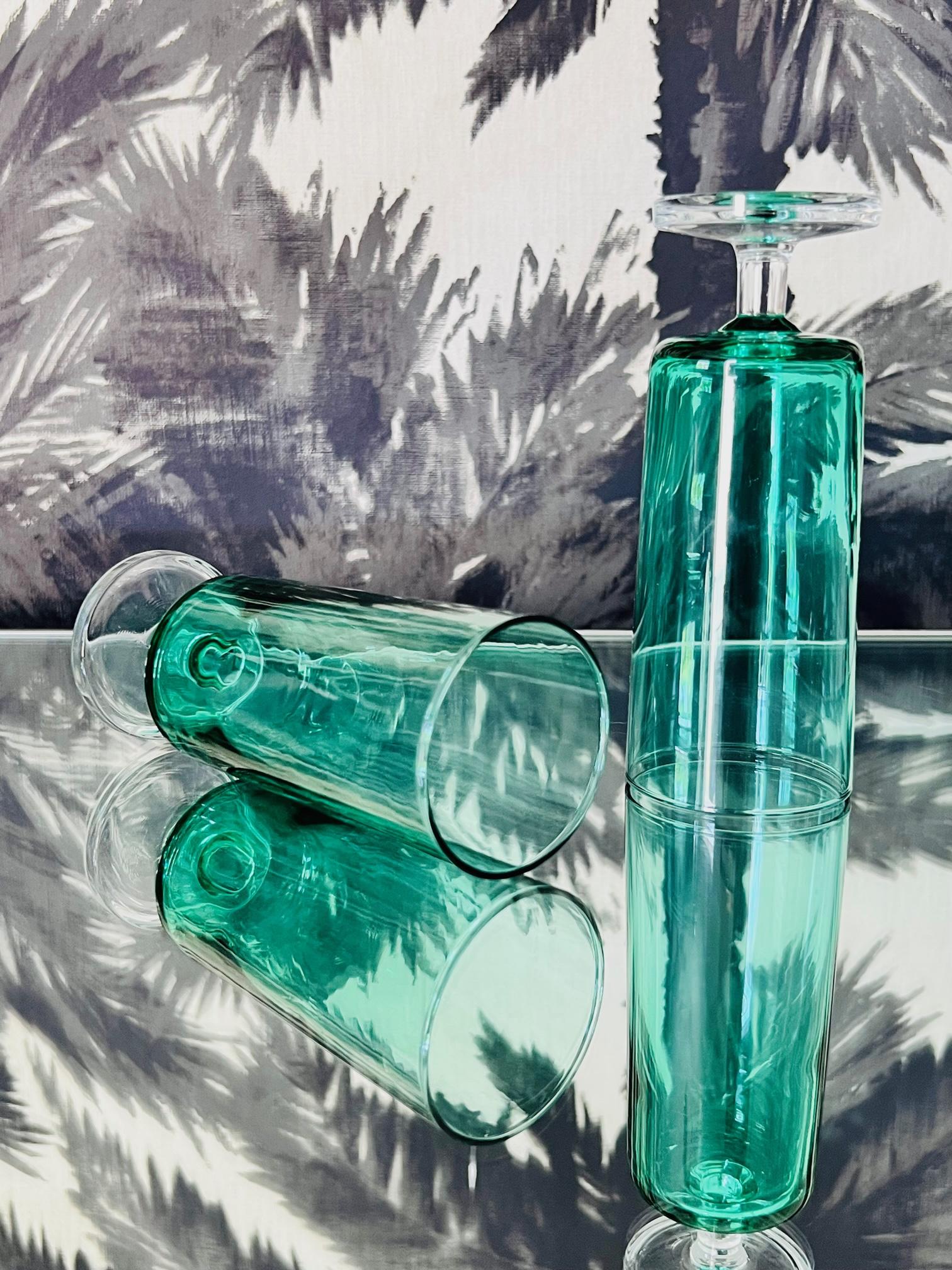 Vintage Crystal Champagne Flutes in Emerald Green, Set of Seven, circa