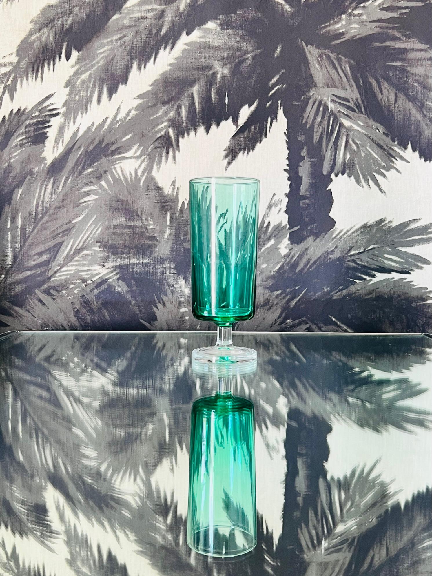 Vintage Crystal Champagne Flutes in Emerald Green, Set of Seven, circa