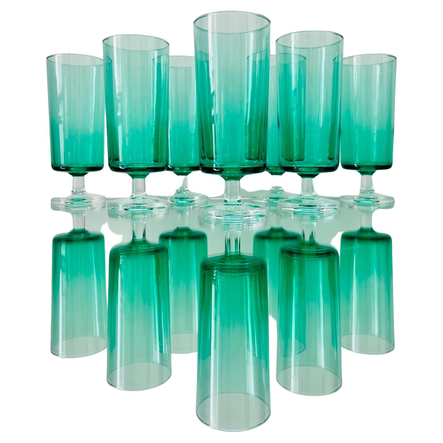 Set of Seven French Vintage Crystal Champagne Flutes in Emerald Green, c. 1960's