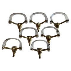 Set of Seven French Wall Coat Hooks, Lucite and Brass, Mid-Century Modern, 1960s