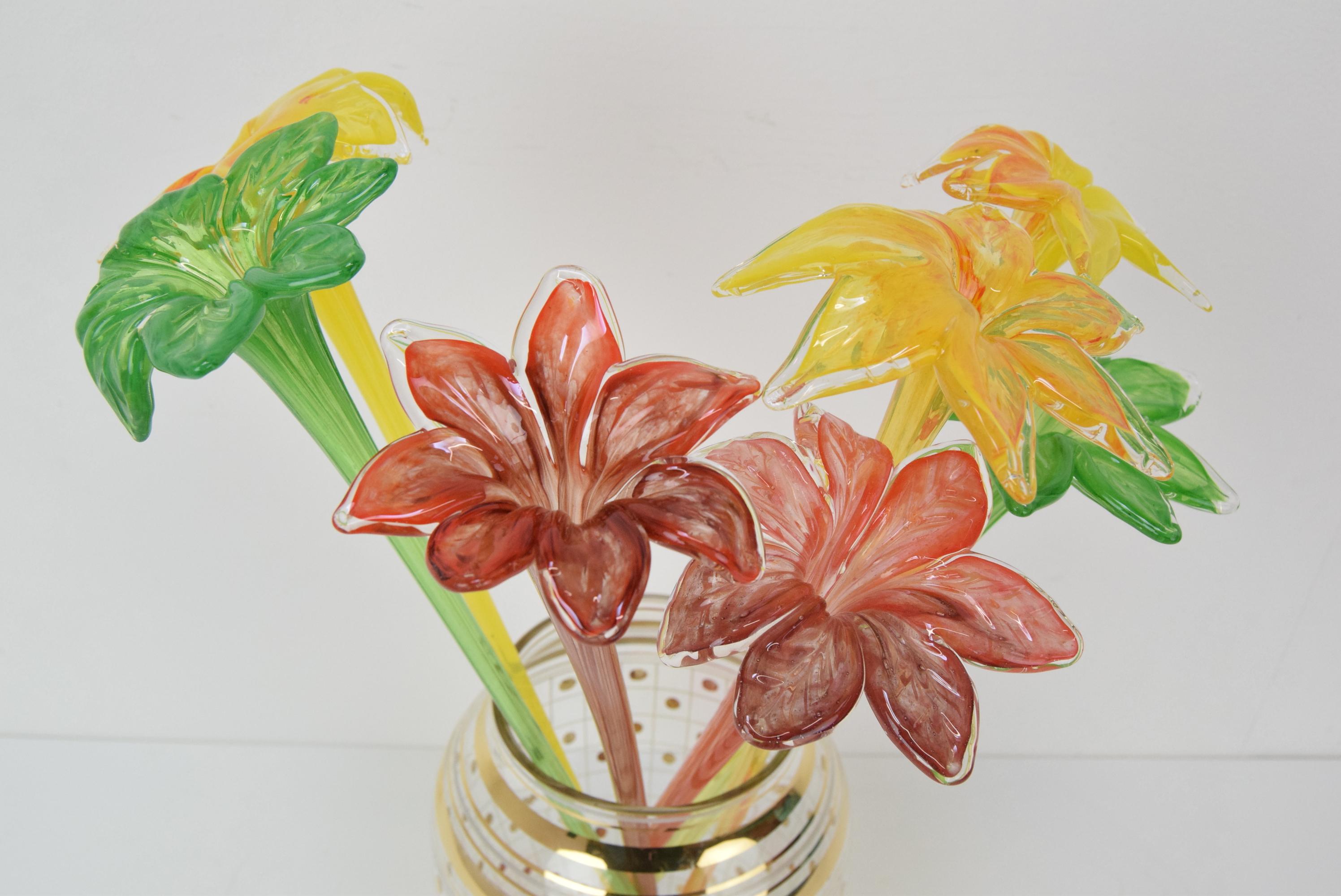 Mid-Century Modern Set of Seven Glass Flowers, Glasswork Novy Bor, 1950's.  For Sale