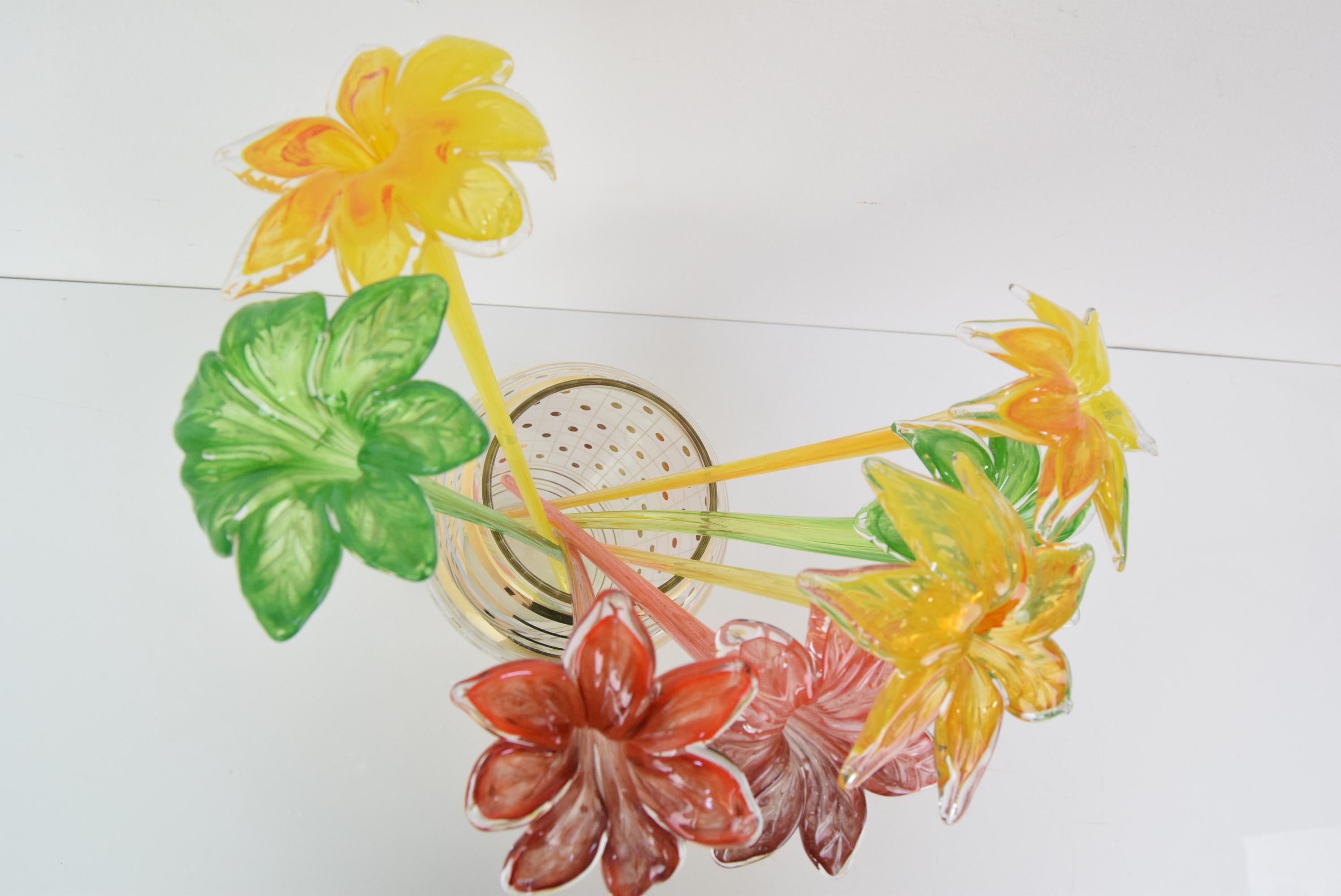 Mid-20th Century Set of Seven Glass Flowers, Glasswork Novy Bor, 1950's.  For Sale