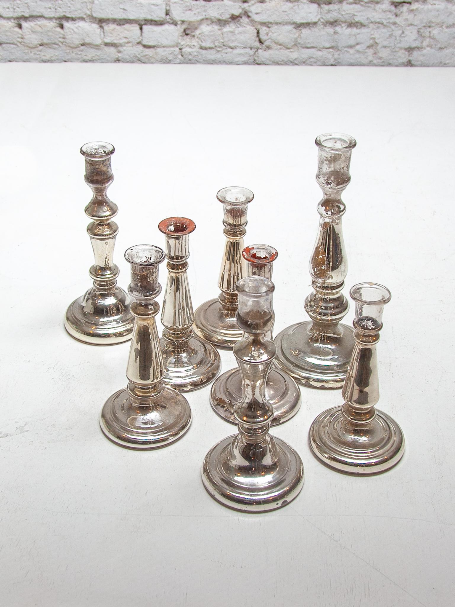 Romantic Set Of Seven Glass Silver Farmer Candlesticks, Belgium For Sale