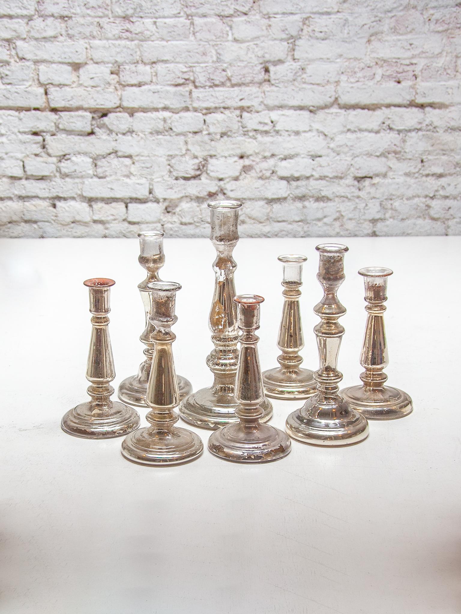 Belgian Set Of Seven Glass Silver Farmer Candlesticks, Belgium