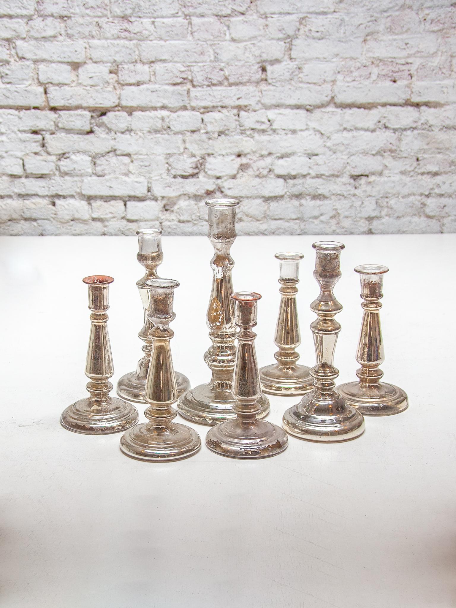 Hand-Crafted Set Of Seven Glass Silver Farmer Candlesticks, Belgium For Sale