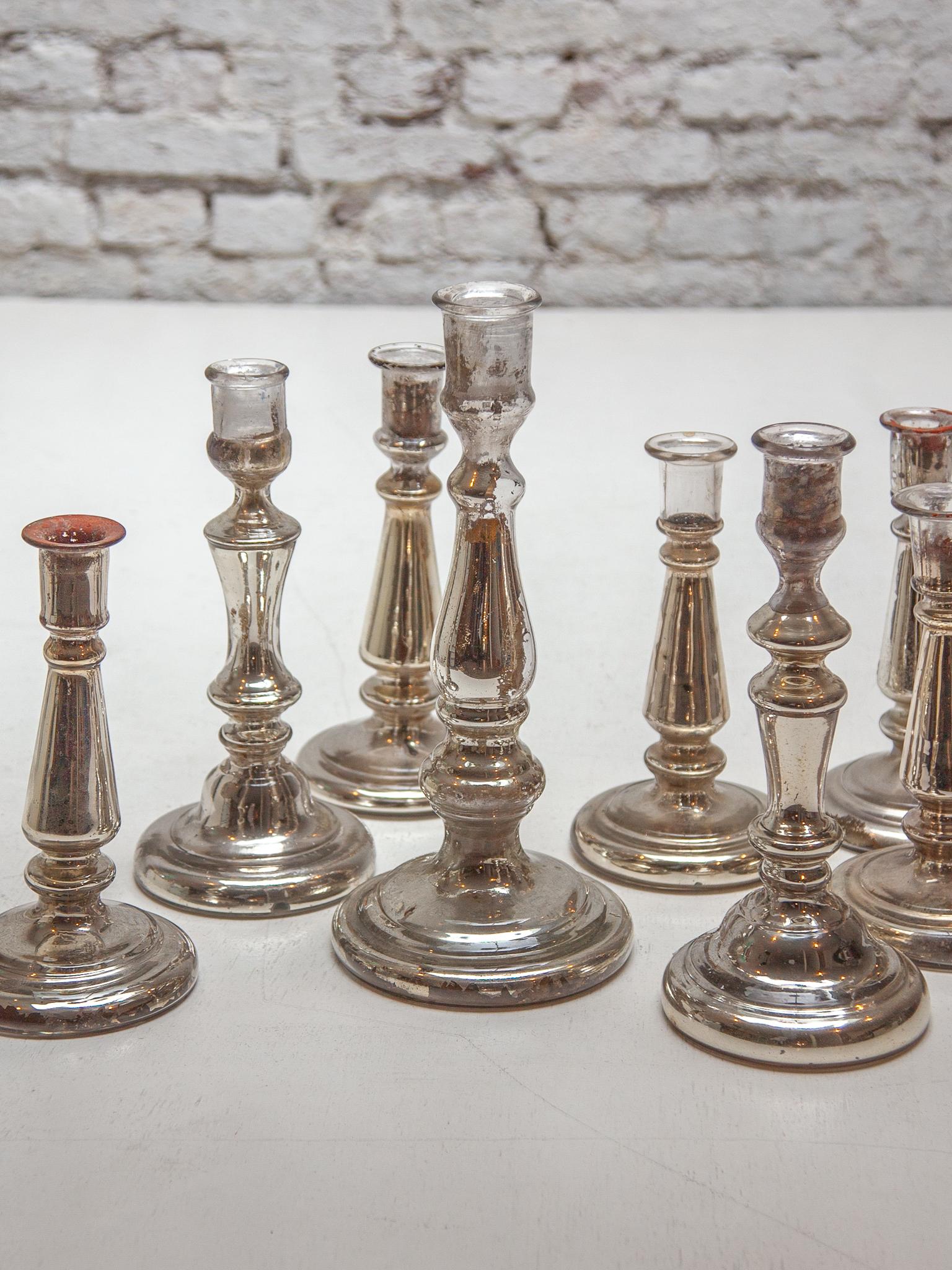 Set Of Seven Glass Silver Farmer Candlesticks, Belgium For Sale 1