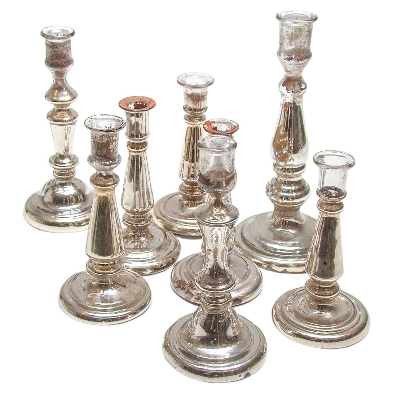 Set Of Seven Glass Silver Farmer Candlesticks, Belgium For Sale