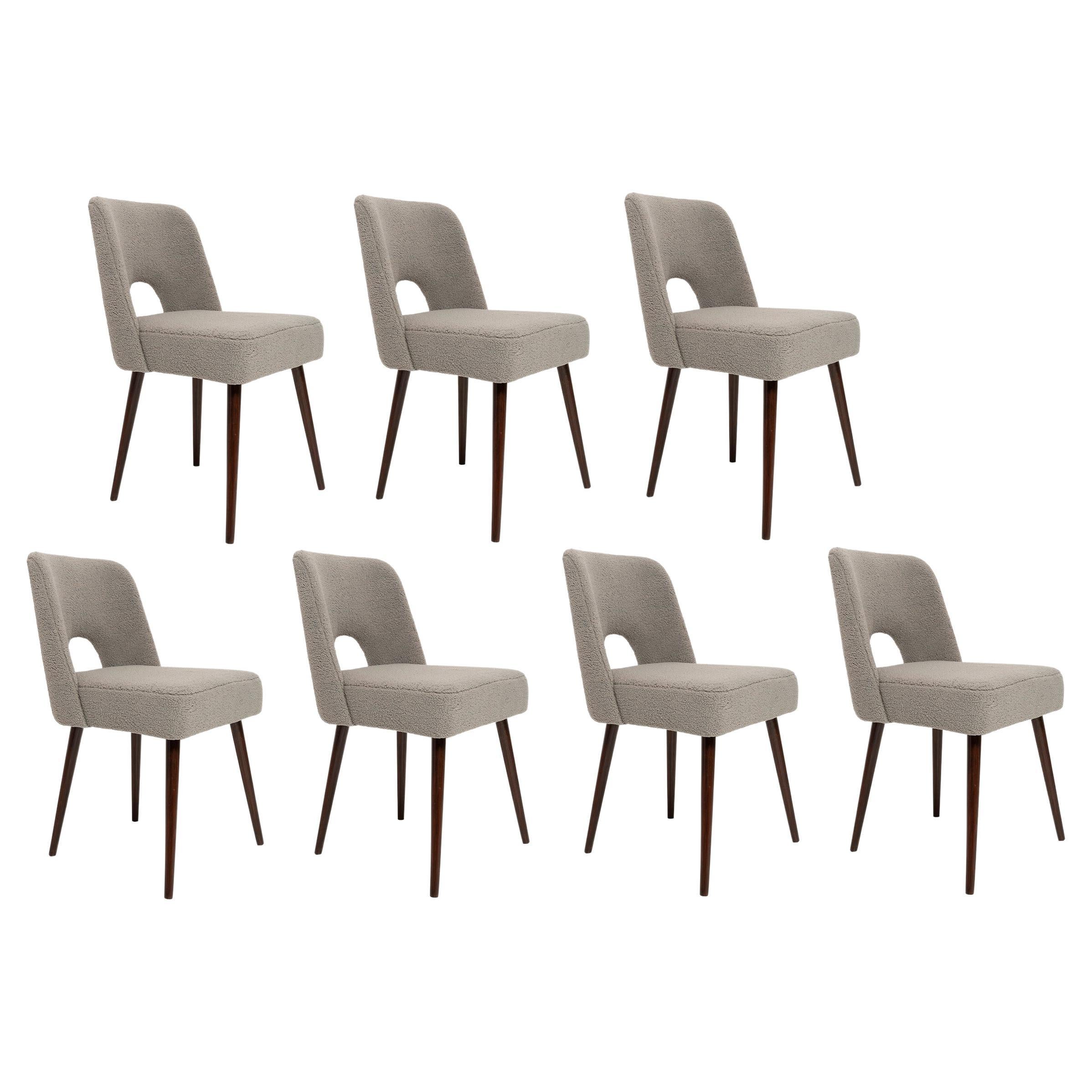 Set of Seven Gray Boucle 'Shell' Chairs, Dark Beech Wood, Europe, 1960s For Sale