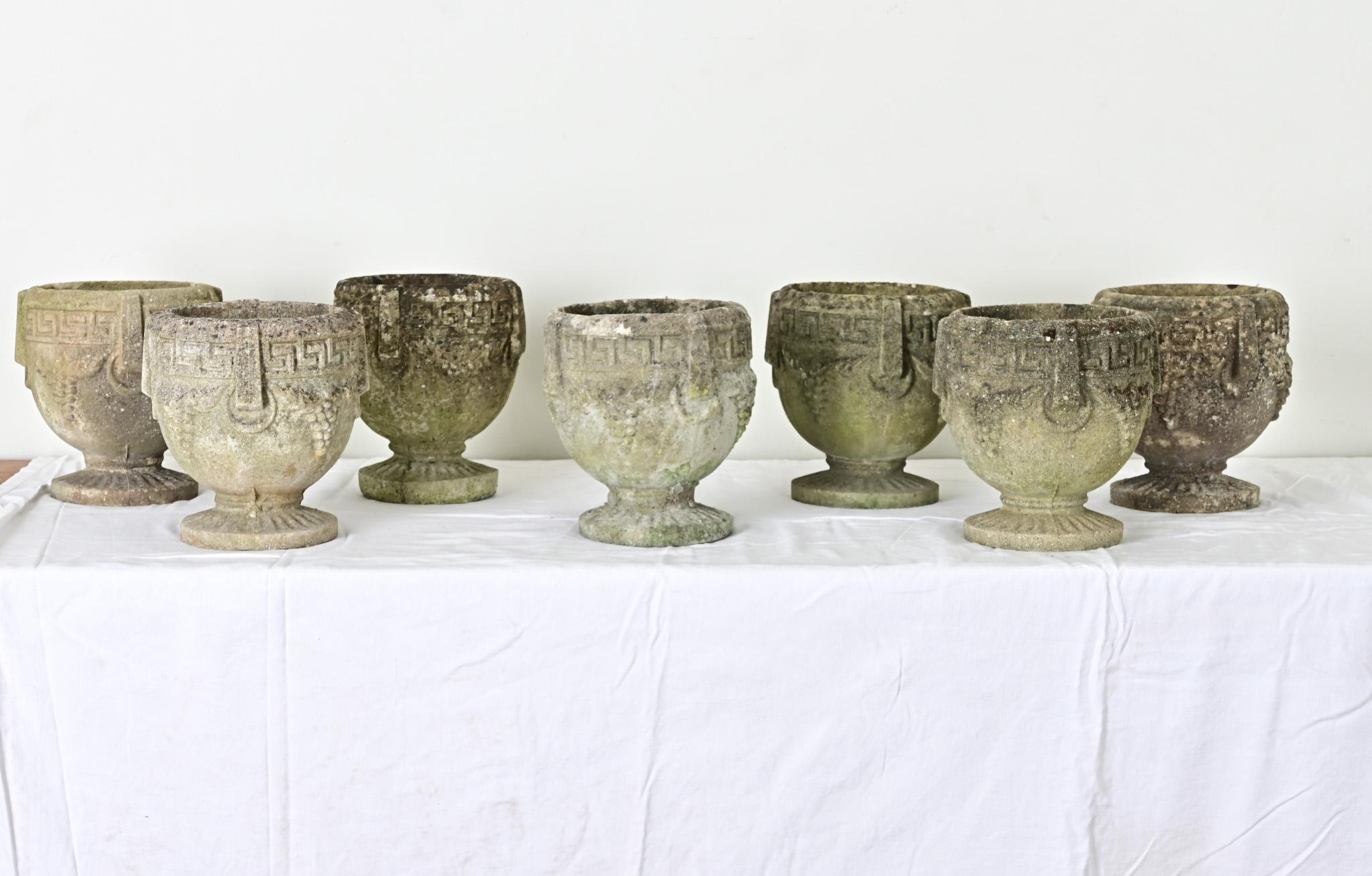 Neoclassical Set of Seven Greek Key Stone Planters