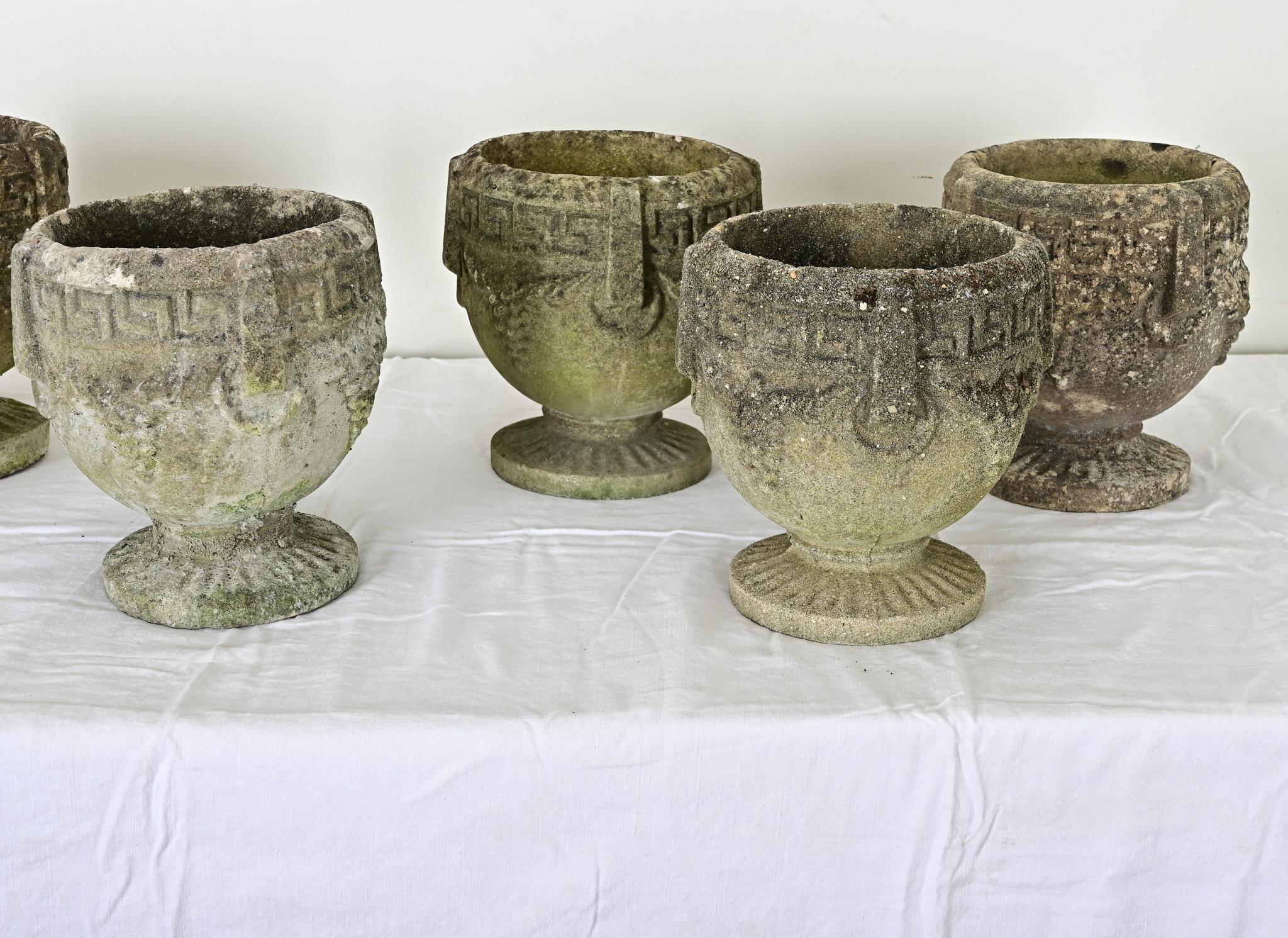 Cast Set of Seven Greek Key Stone Planters