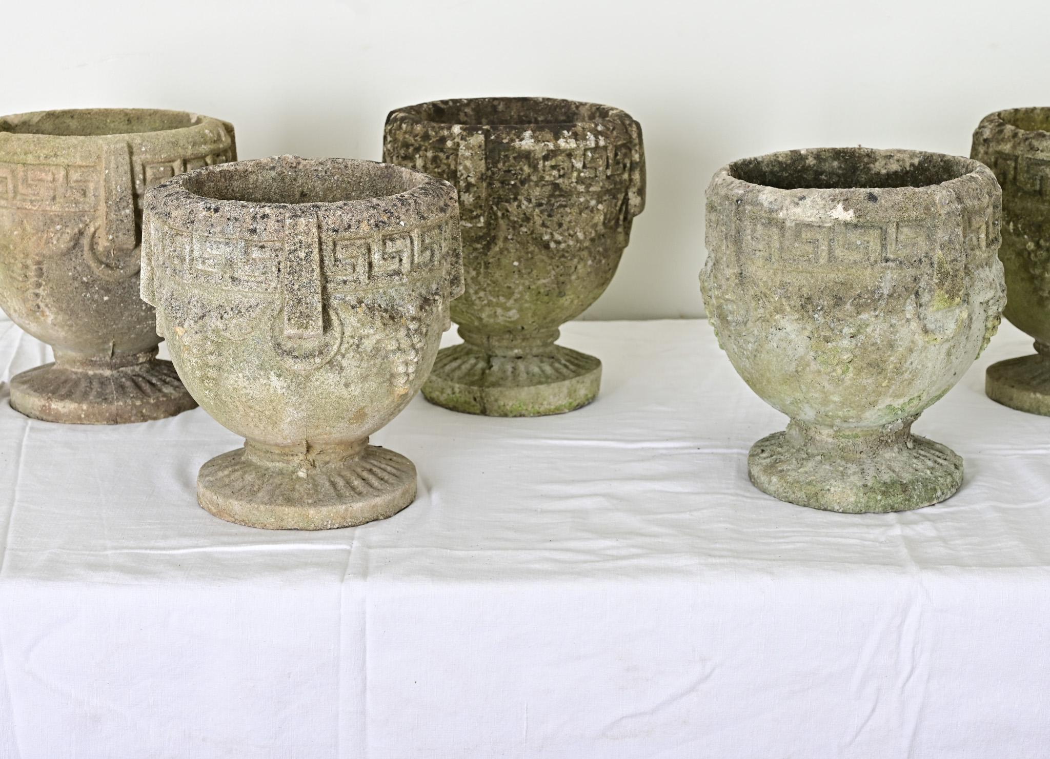 Set of Seven Greek Key Stone Planters In Good Condition In Baton Rouge, LA