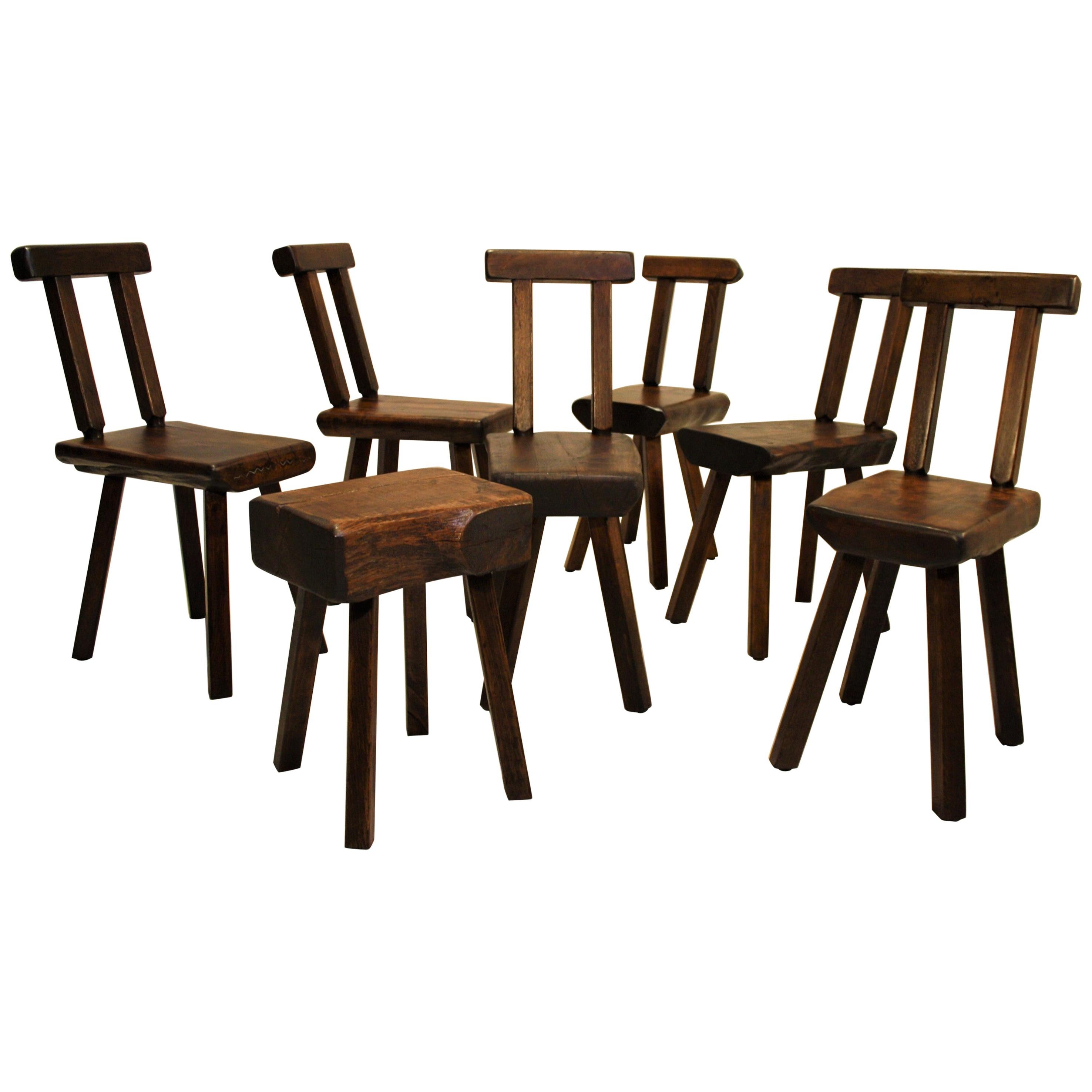 Set of Seven Hand Carved Oak Chairs, 1950s