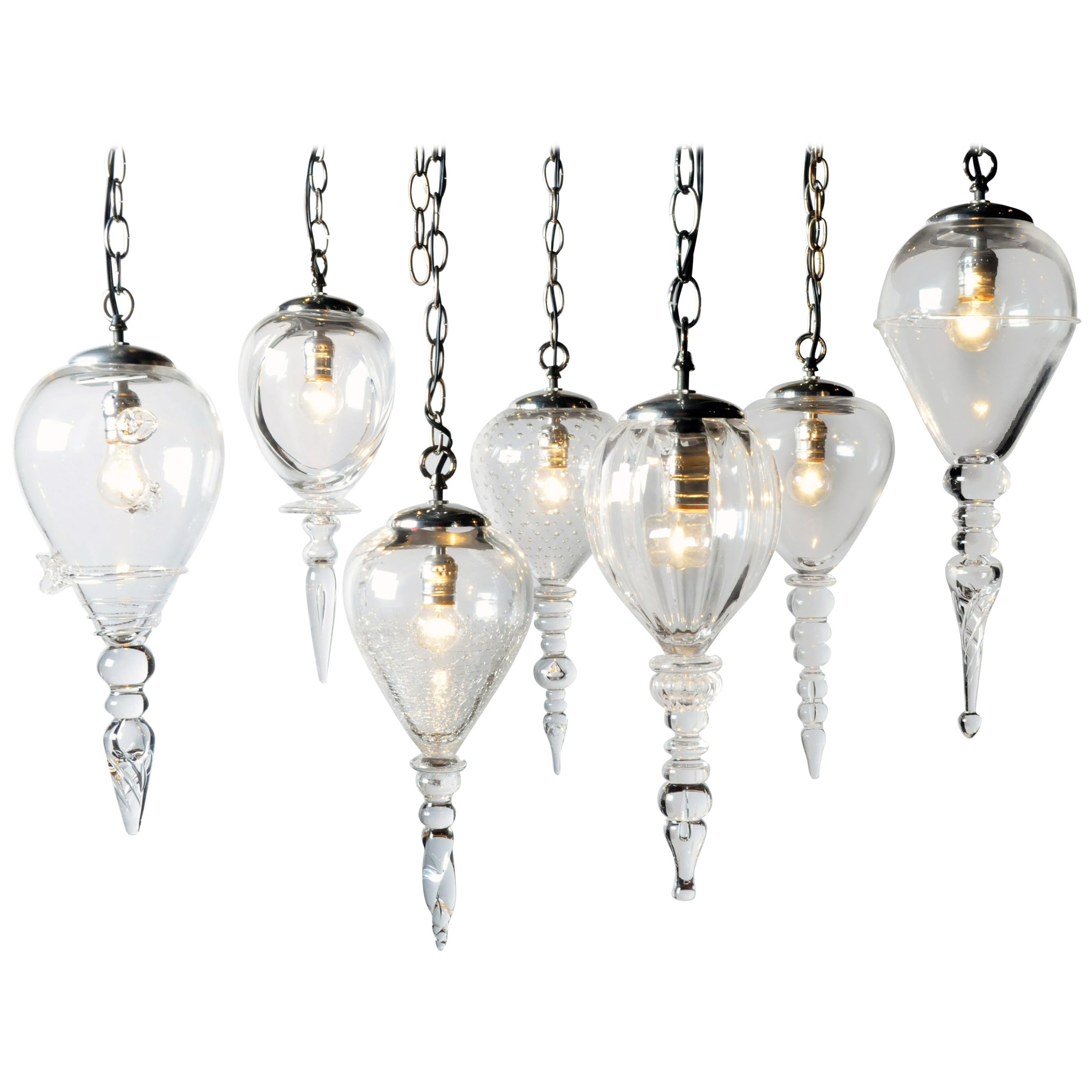 Set of Seven Handblown Glass Pendant Light Fixture