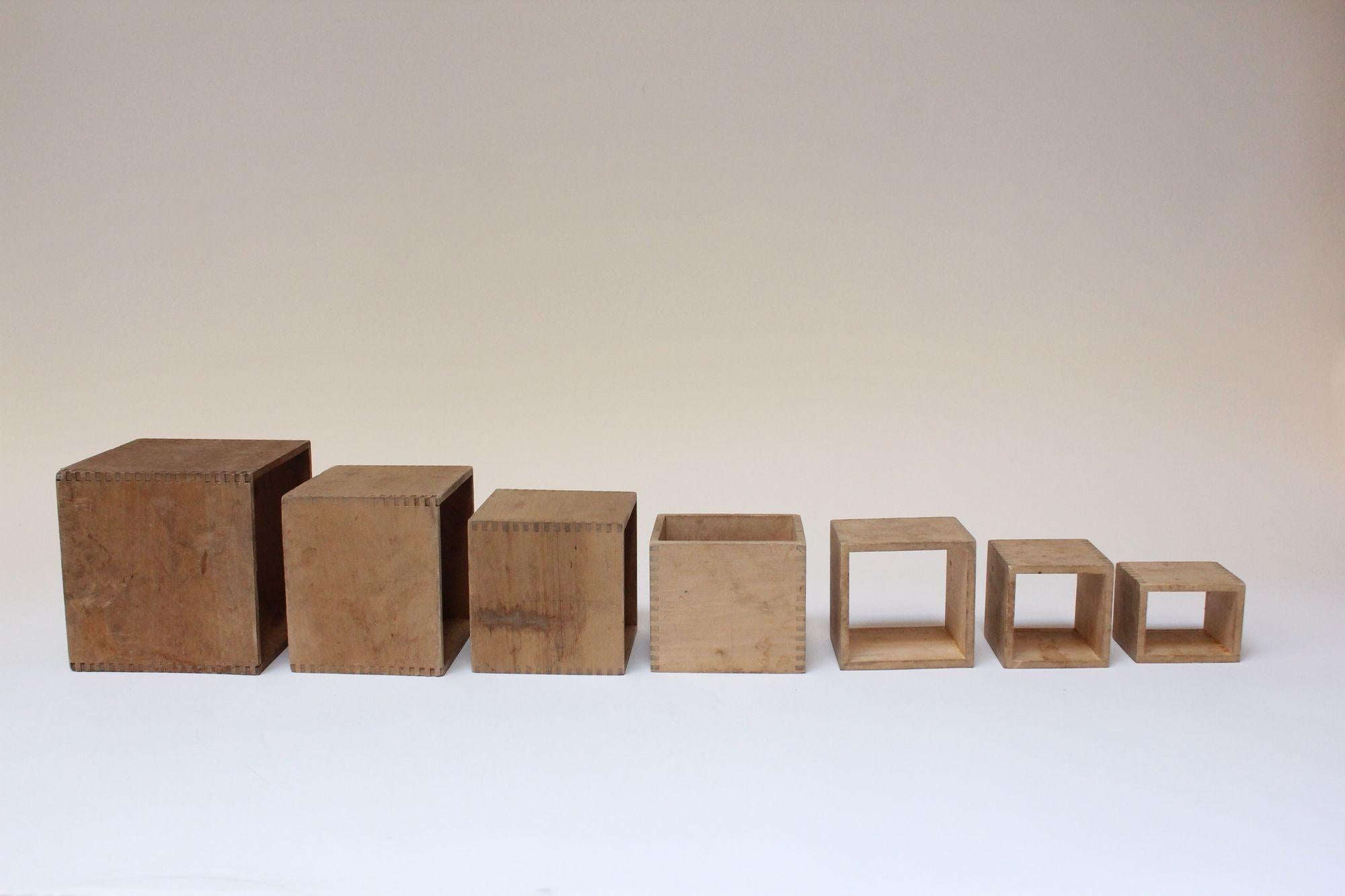Set of Seven Handmade Vintage Primitive Vintage Nesting Cubes/Blocks in Pine For Sale 5