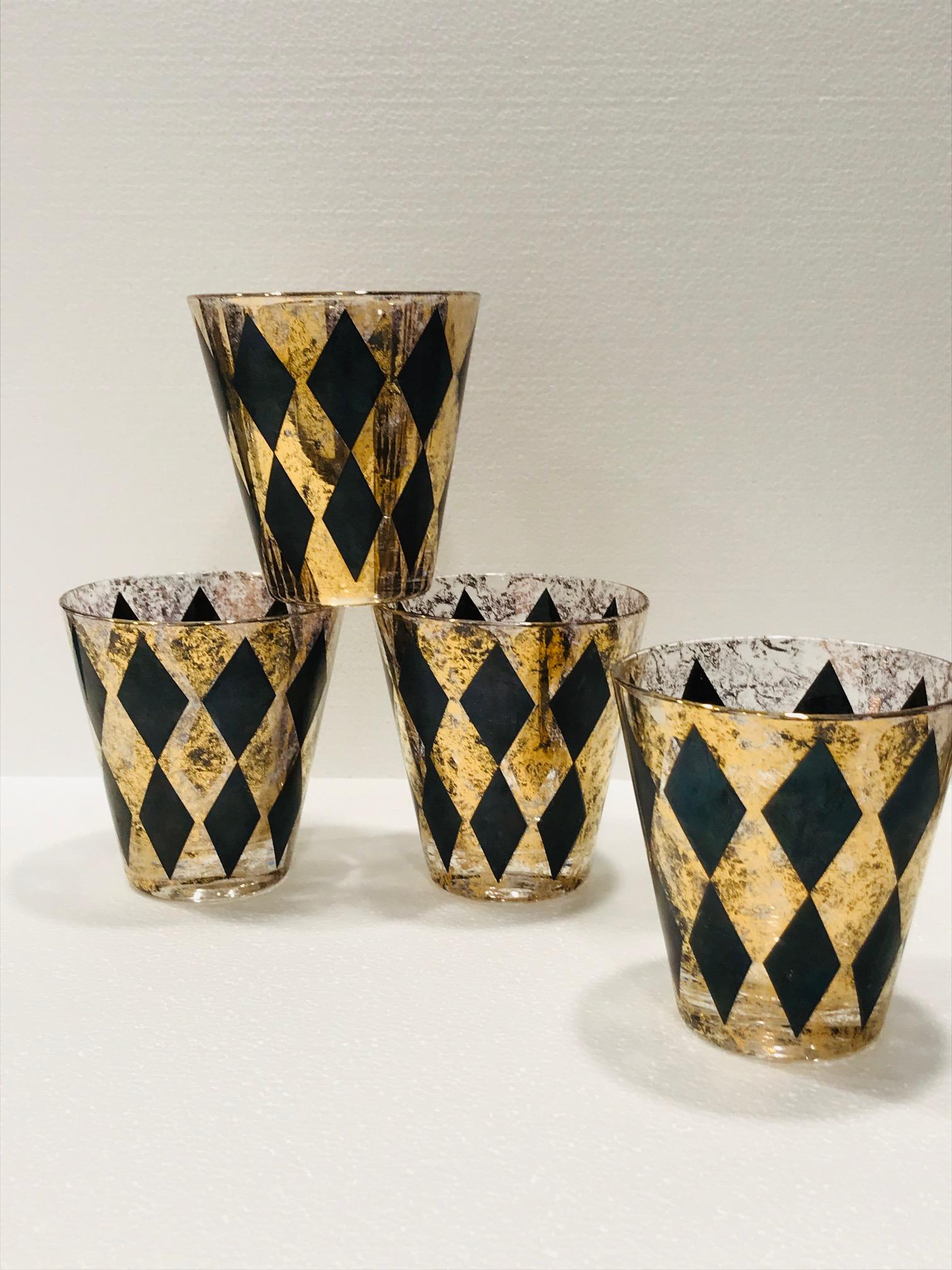 Set of Seven Hollywood Regency Barware Rock Glasses in Gold and Black, 1960s 4