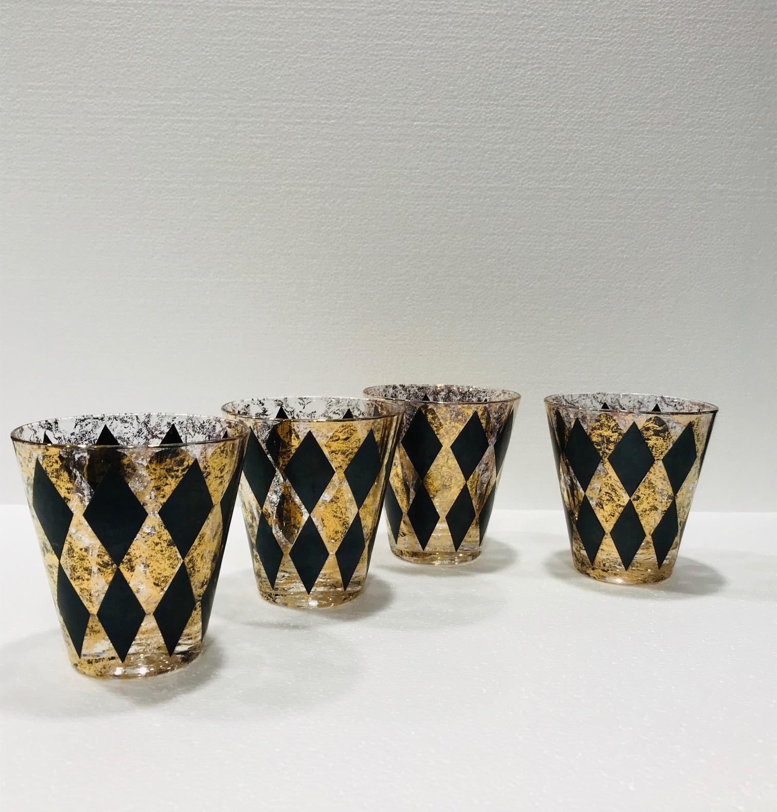 Set of Seven Hollywood Regency Barware Rock Glasses in Gold and Black, 1960s 6