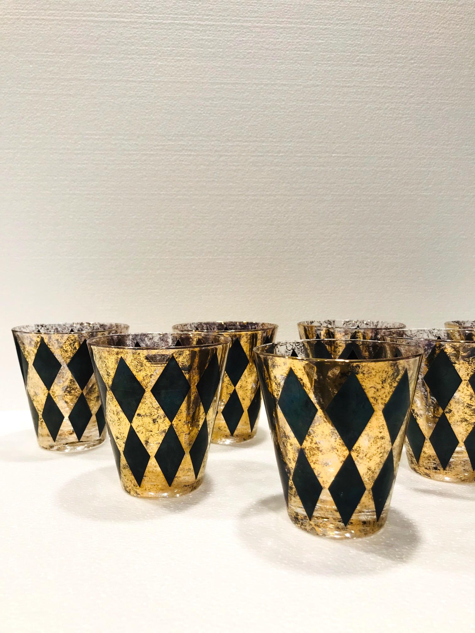 American Set of Seven Hollywood Regency Barware Rock Glasses in Gold and Black, 1960s