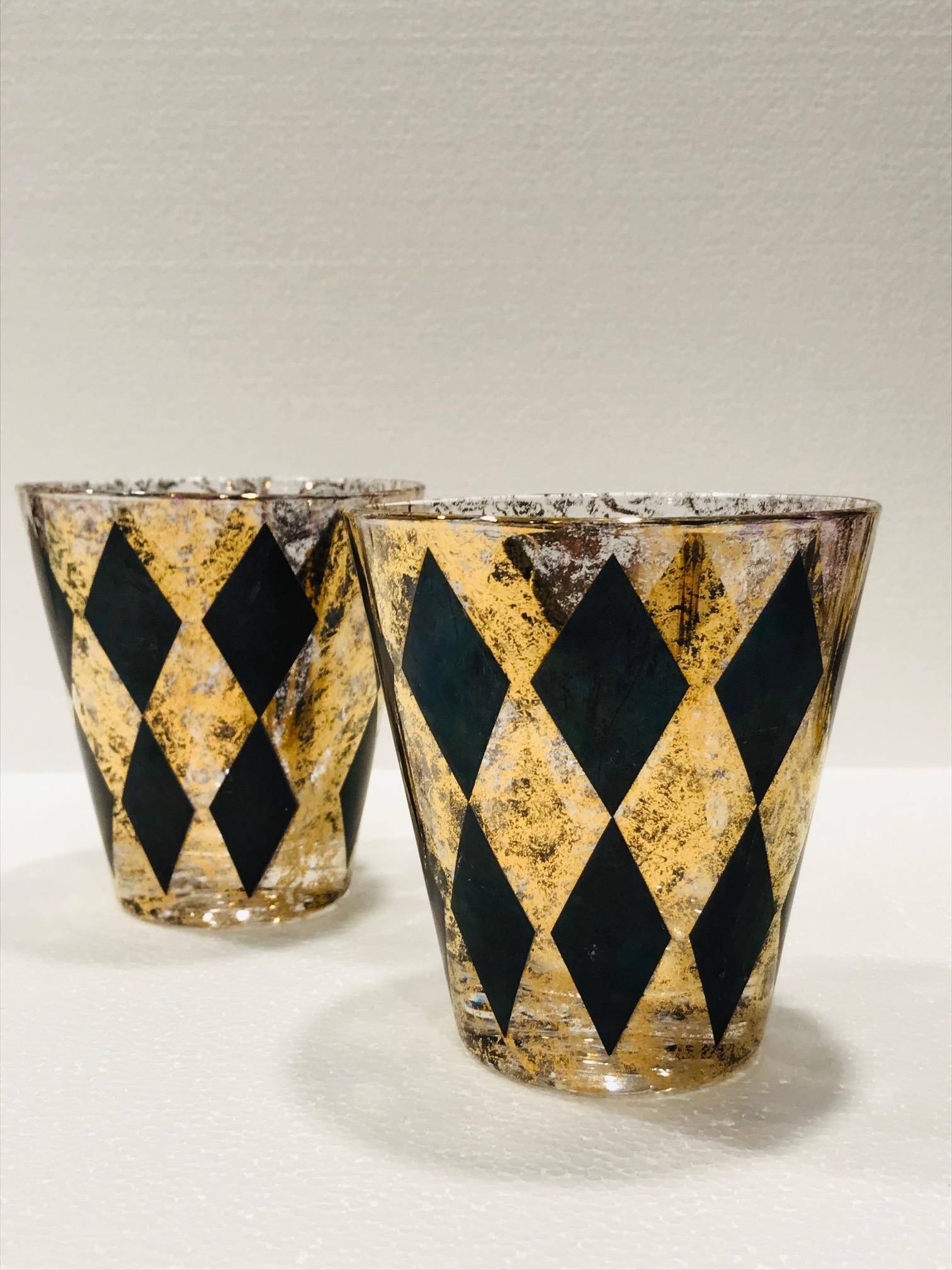 Set of Seven Hollywood Regency Barware Rock Glasses in Gold and Black, 1960s 1