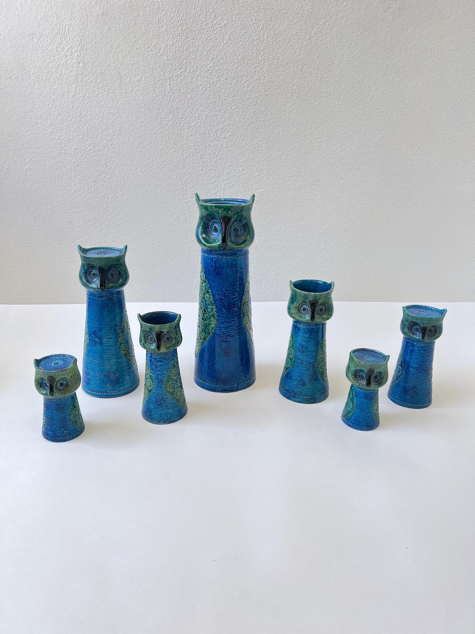 A spectacular collection of seven Italian ‘Rimini Blue’ ceramic owl candle holders and vases designed by Aldo Londi for Bitossi in the 1960’s. 
This is a very unusual collection to find.
All are marked made in Italy with Rosenthal Netter