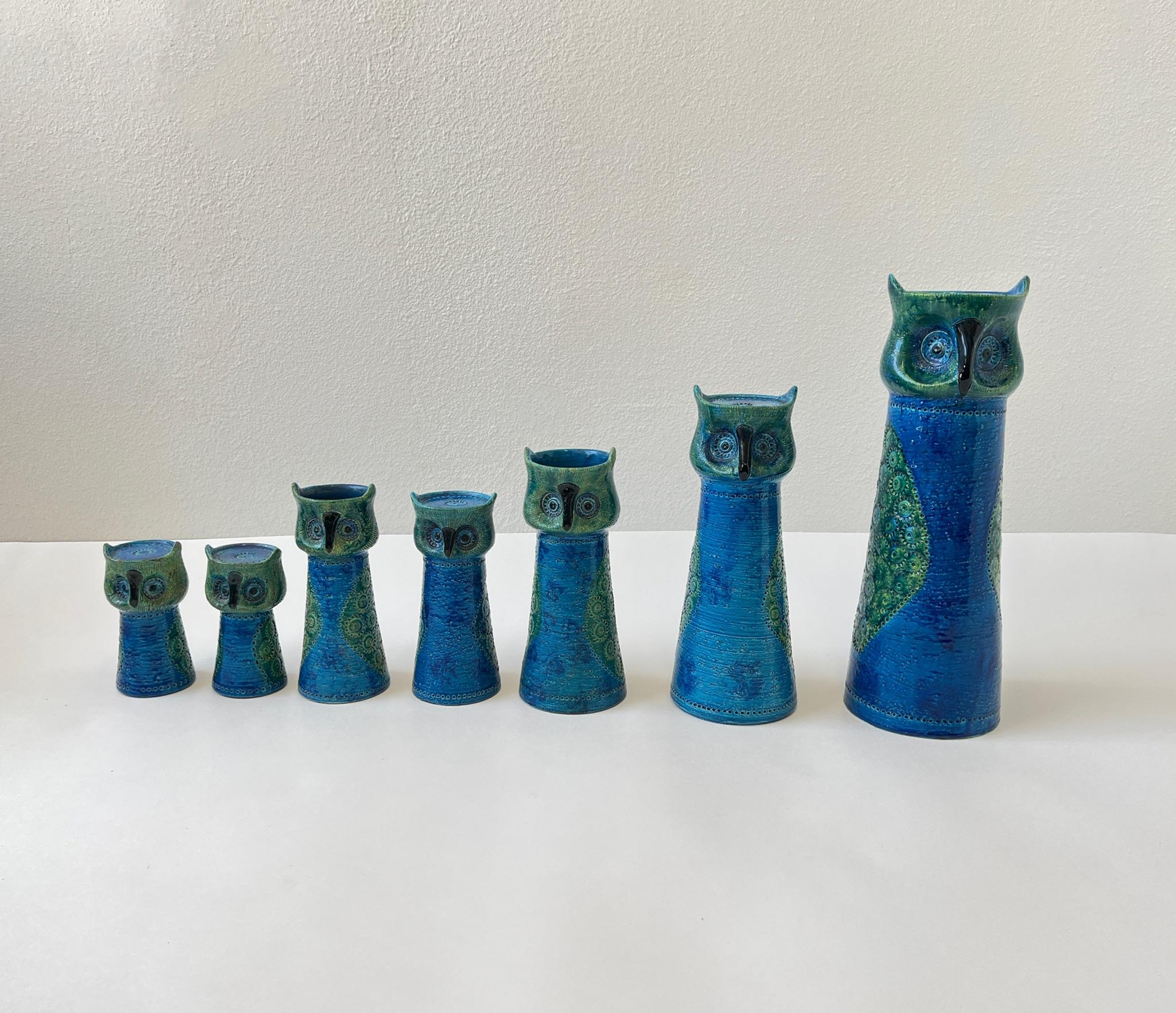 Mid-Century Modern Set of Seven Italian Ceramic ‘Rimini Blue’ Owl Candle Holders by Bitossi