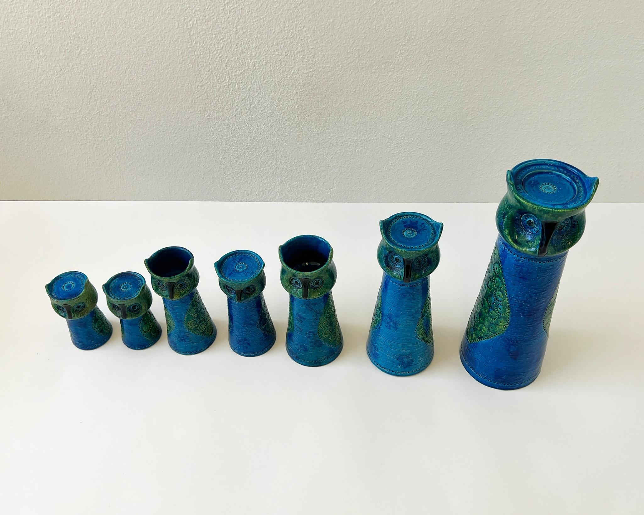 Glazed Set of Seven Italian Ceramic ‘Rimini Blue’ Owl Candle Holders by Bitossi