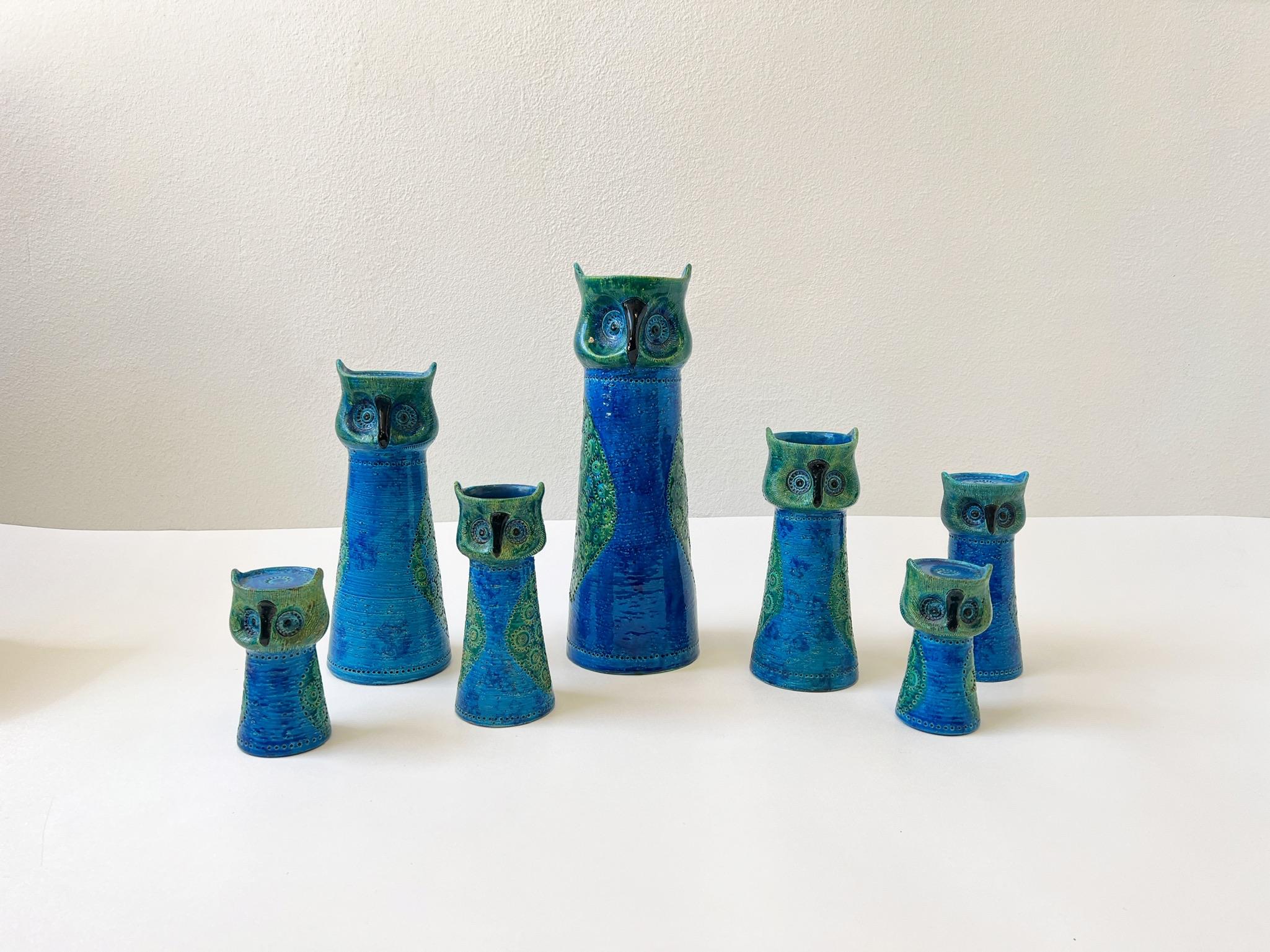 Set of Seven Italian Ceramic ‘Rimini Blue’ Owl Candle Holders by Bitossi In Good Condition In Palm Springs, CA