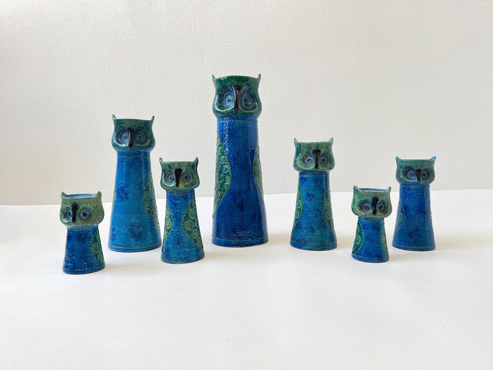 Set of Seven Italian Ceramic ‘Rimini Blue’ Owl Candle Holders by Bitossi 1