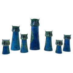 Set of Seven Italian Ceramic ‘Rimini Blue’ Owl Candle Holders by Bitossi