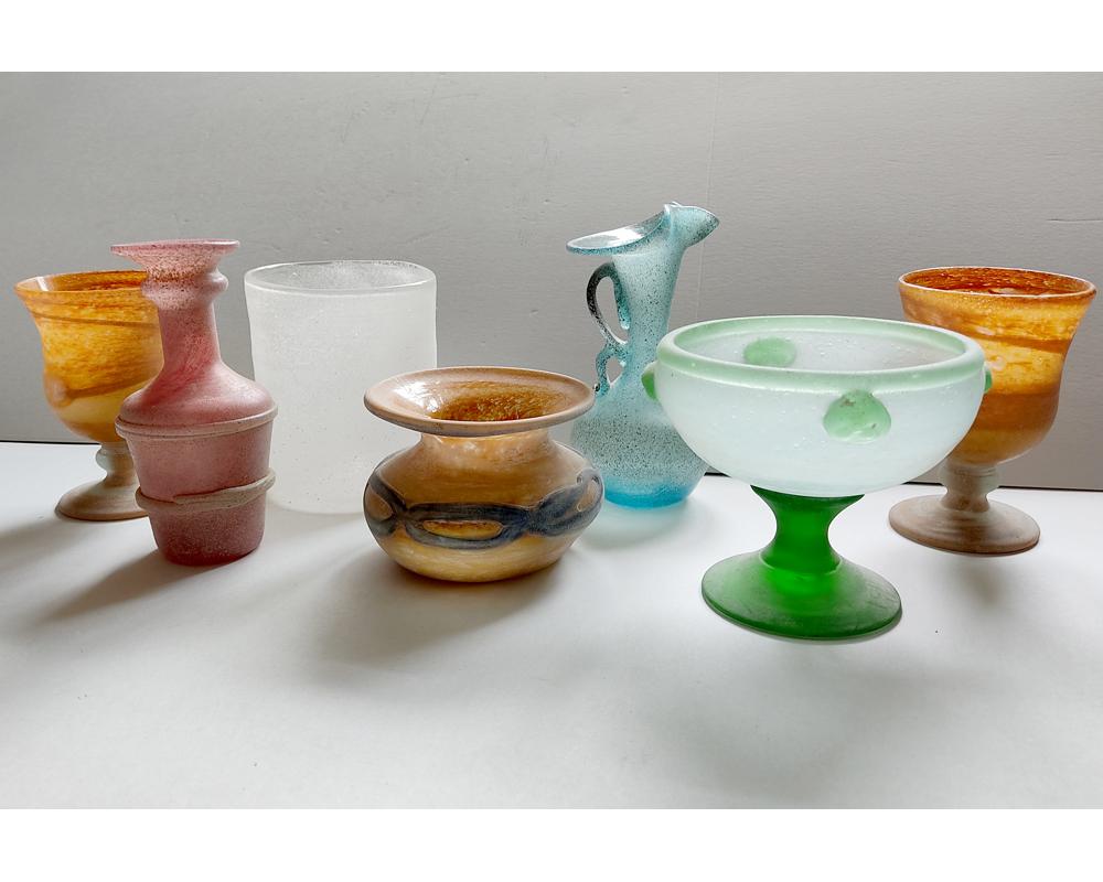 Decorative set of seven beautiful midcentury murano glass vases.
Italy, 1970s-1980s.

1. Height 6