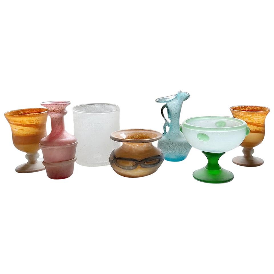 Set of Seven Italian Vintage Textured Blown Murano Glass Vases