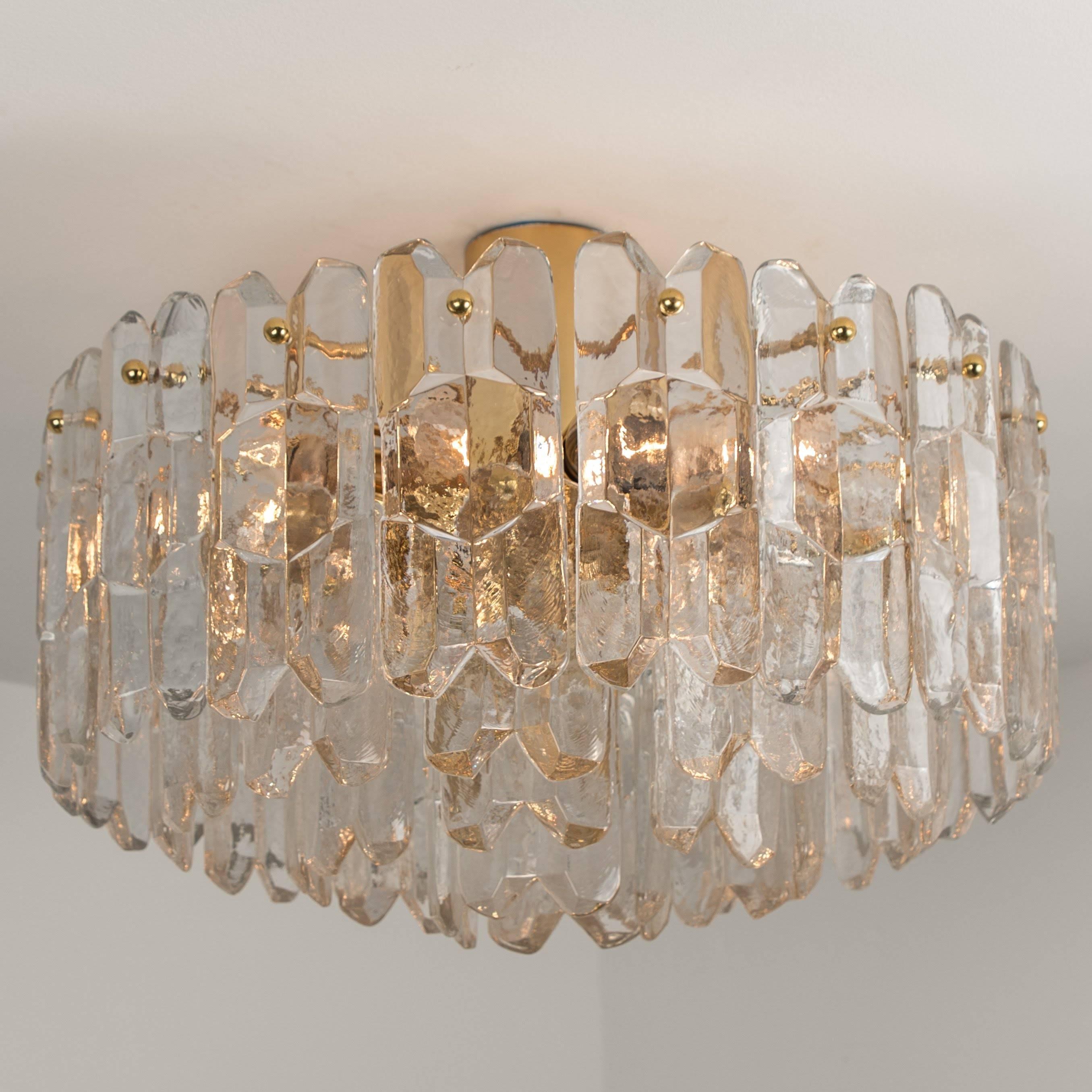 Gold Plate Set of Seven J.T. Kalmar 'Palazzo' Light Fixtures Gilt Brass and Glass, 1970 For Sale
