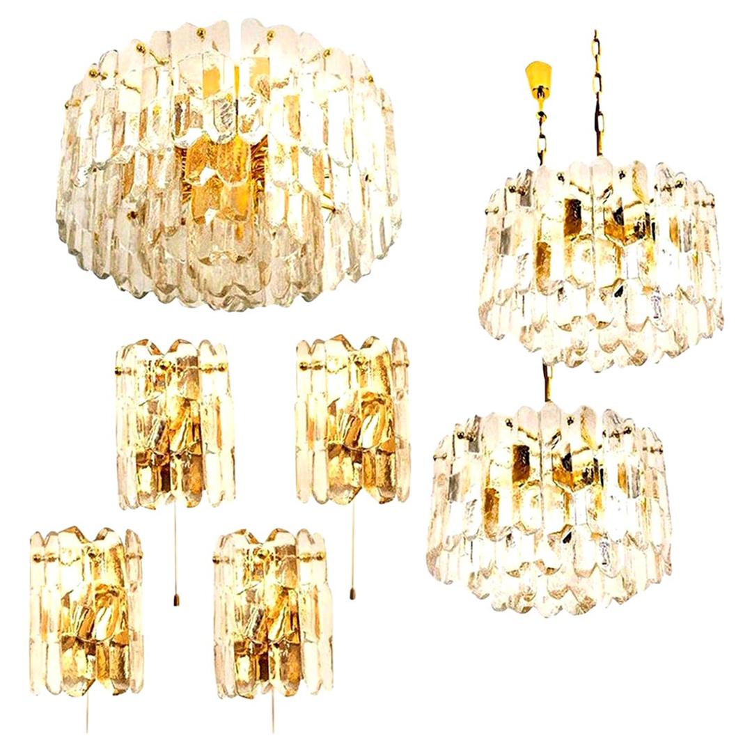 Set of Seven J.T. Kalmar 'Palazzo' Light Fixtures Gilt Brass and Glass, 1970