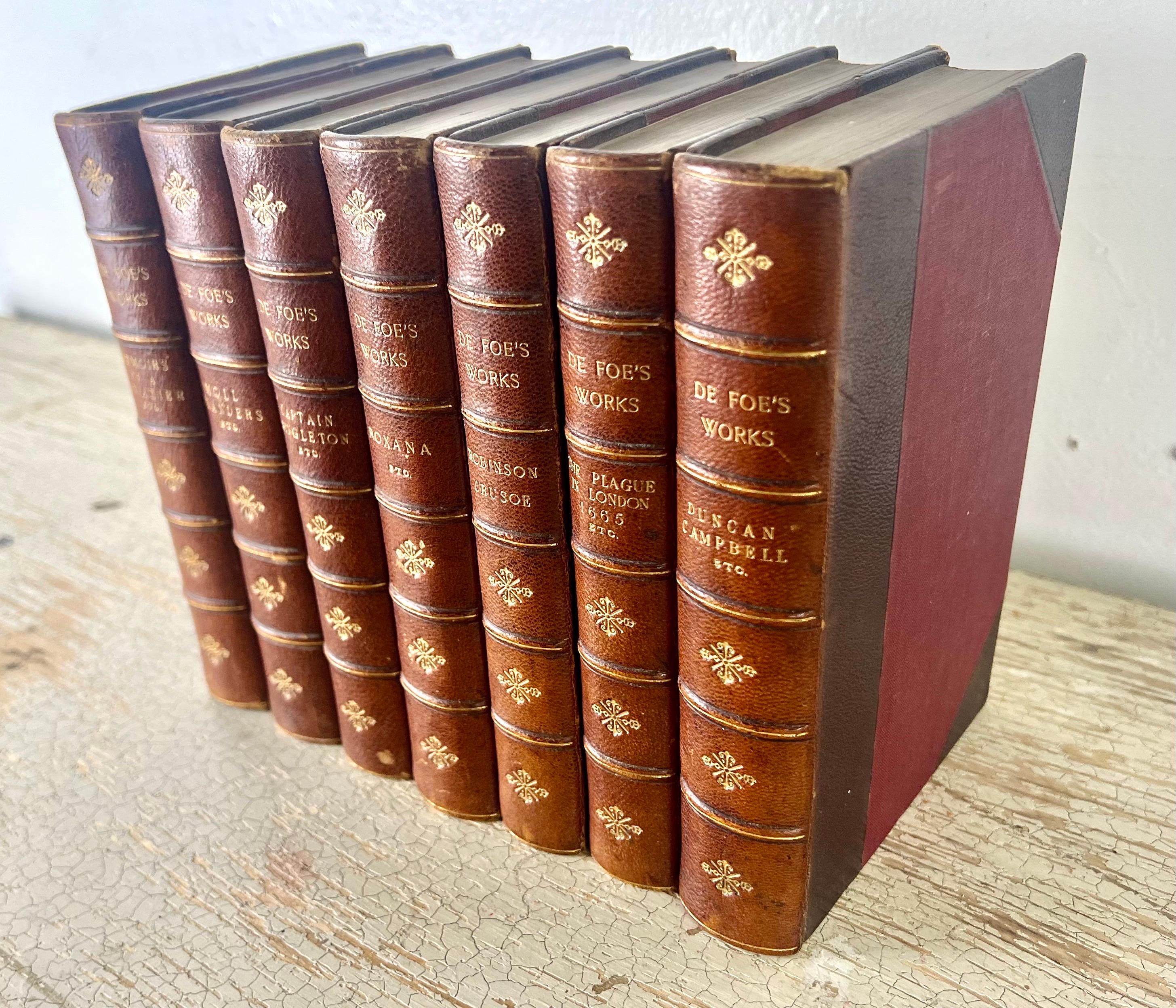 Embossed Set of Seven Leather Volumes of Daniel De Foe's Works For Sale