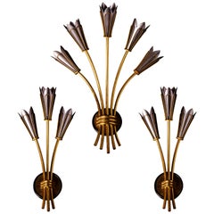 Set of Seven Maison Arlus Wall Sconces in Brass and Gun Metal Finish