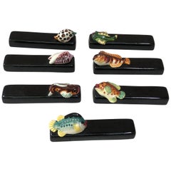 Set of Seven Majolica Knife Rests Vallauris Fishs and Shells, circa 1950