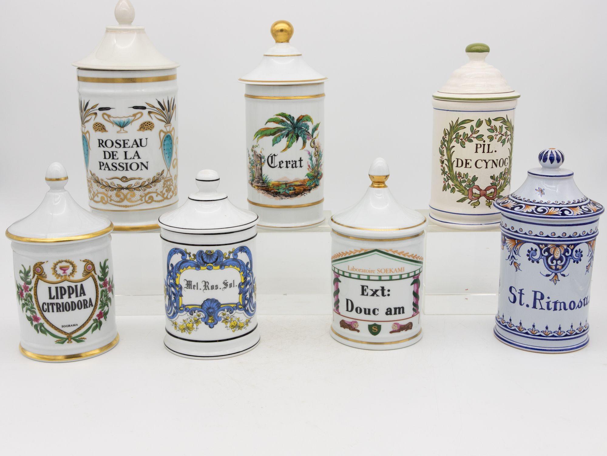A collection of seven apothecary jars in french styles. Each painted apothecary or pharmacy jar has a name and unique design painted on it. The collection is mid-20th century and each has its lid. The smallest measures 4