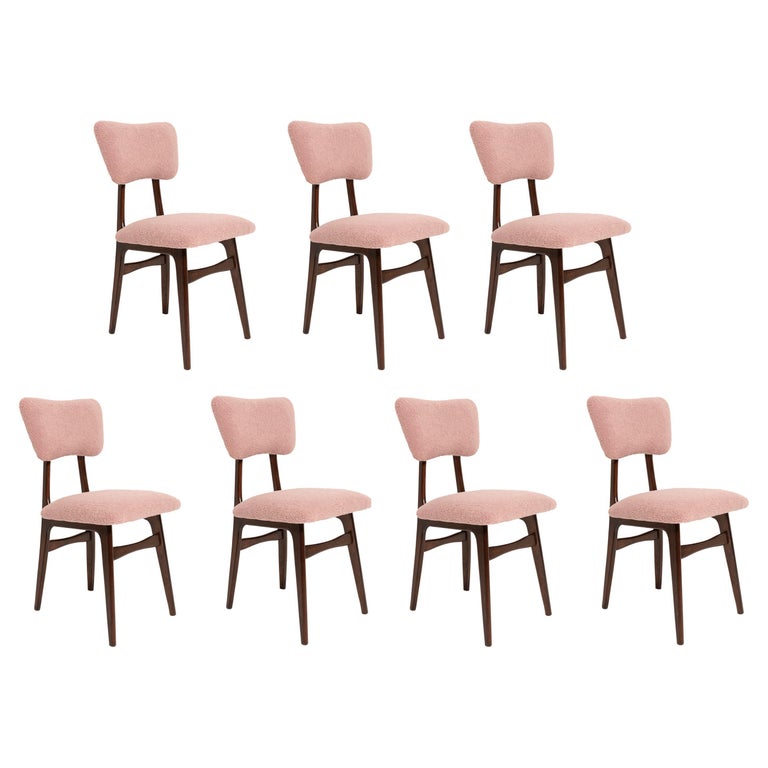 Set of Seven Mid Century Butterfly Dining Chairs, Pink Boucle, Europe
