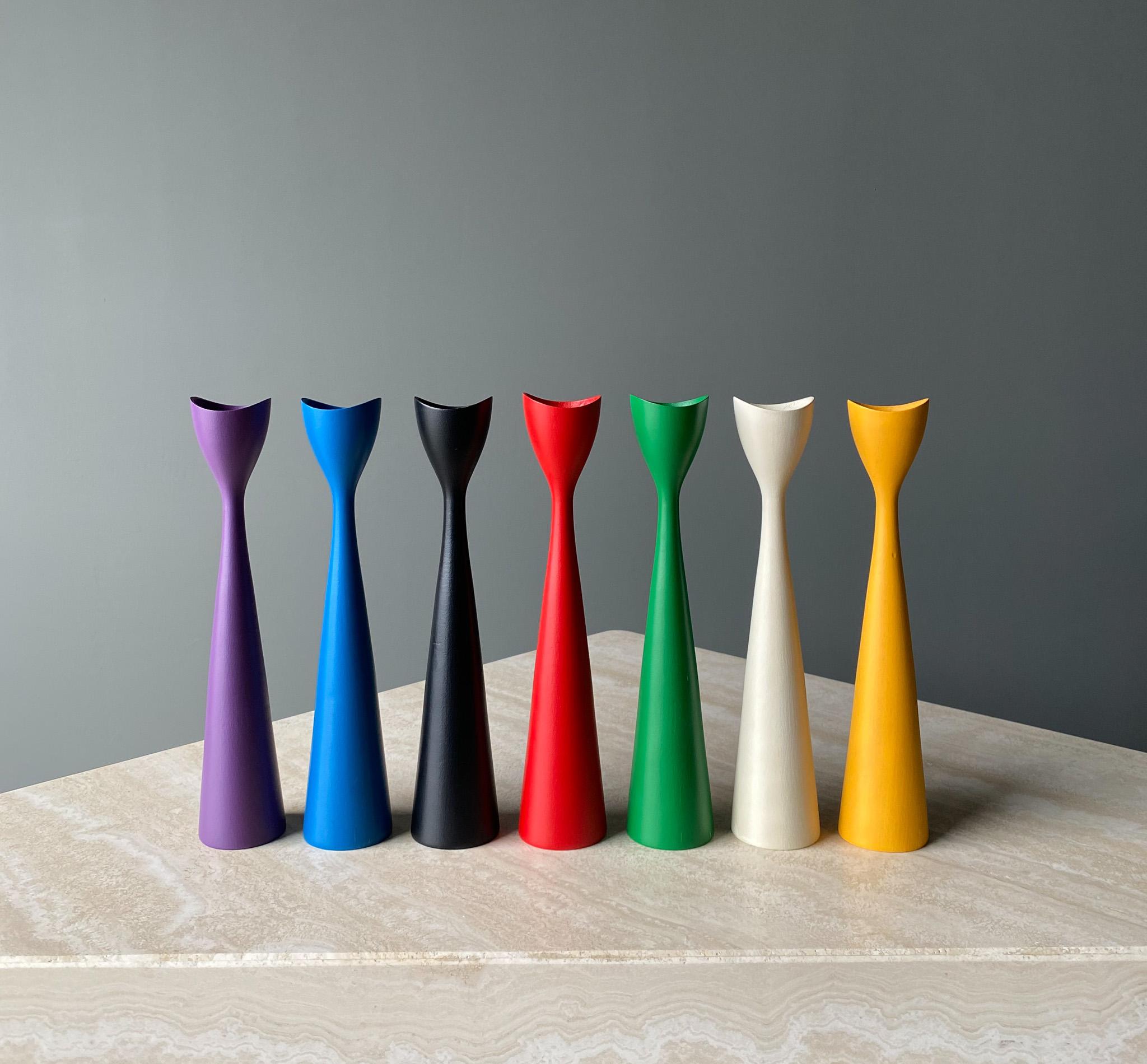 Wood Set of Seven Multicolored Candlesticks by Brdr Bonfils of Denmark, 1960s