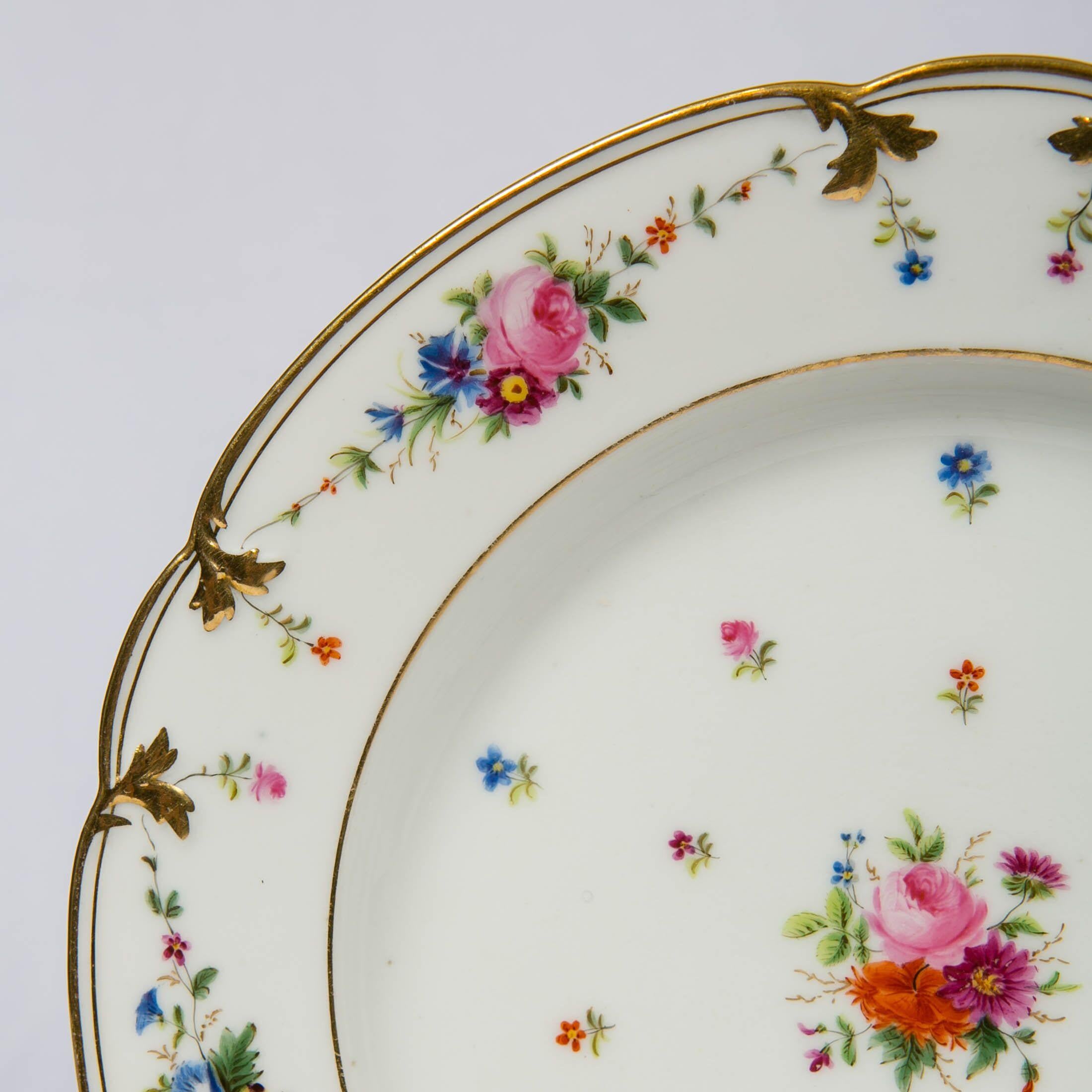 French Set of Seven Paris Porcelain Dishes Hand Painted with Roses, France, circa 1840
