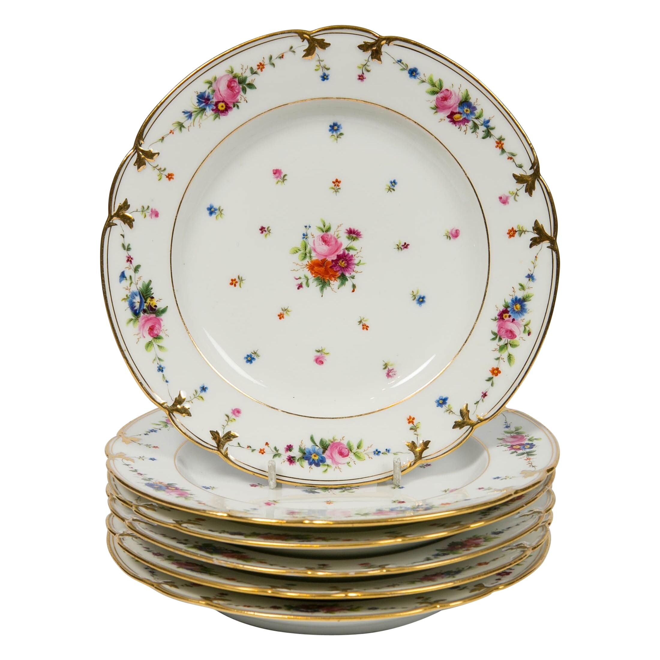 Set of Seven Paris Porcelain Dishes Hand Painted with Roses, France, circa 1840