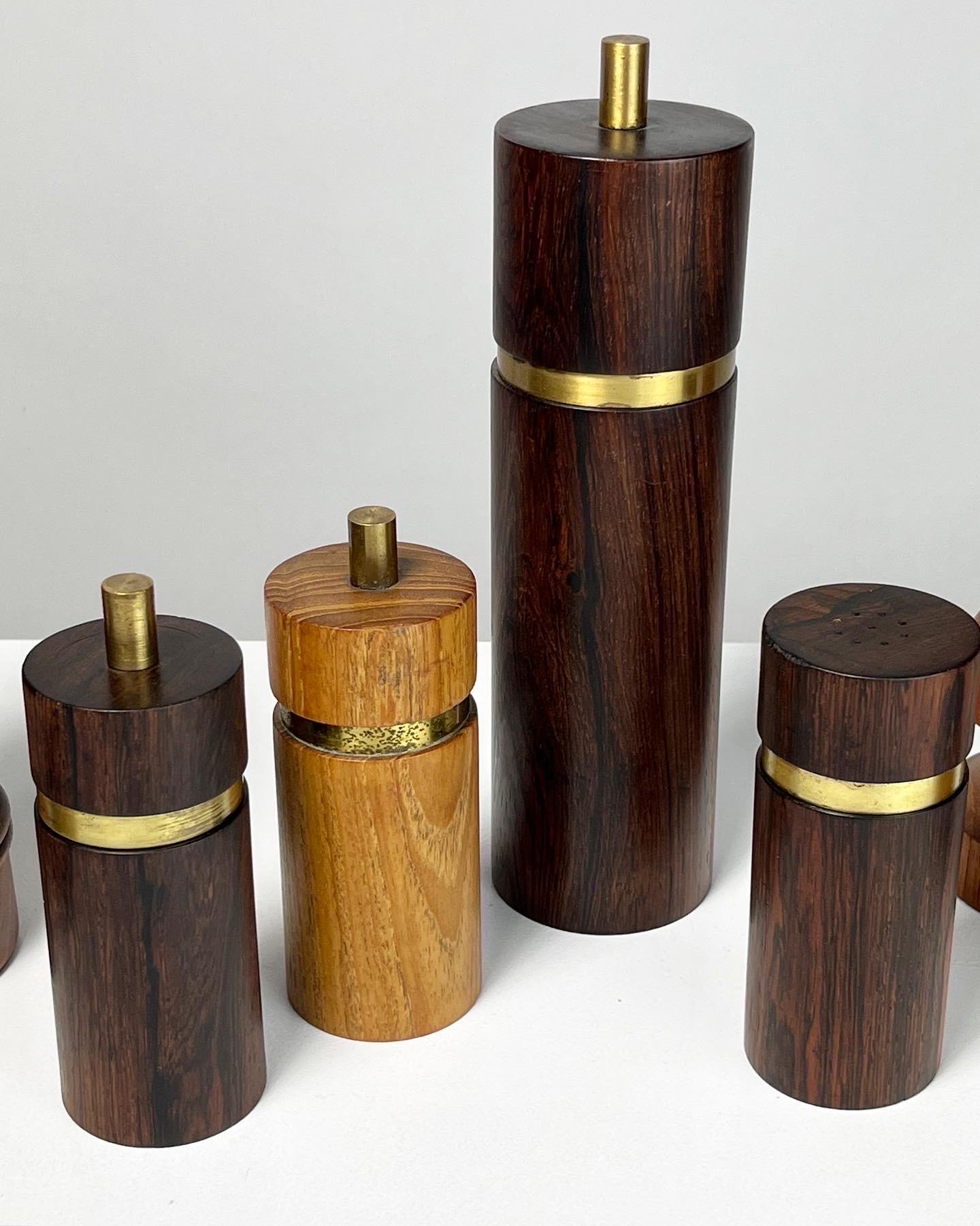 Brass Set of Seven Pepper Mills & Salt Shaker Rosewood Teak Quistgaard Lonborg SAAP
