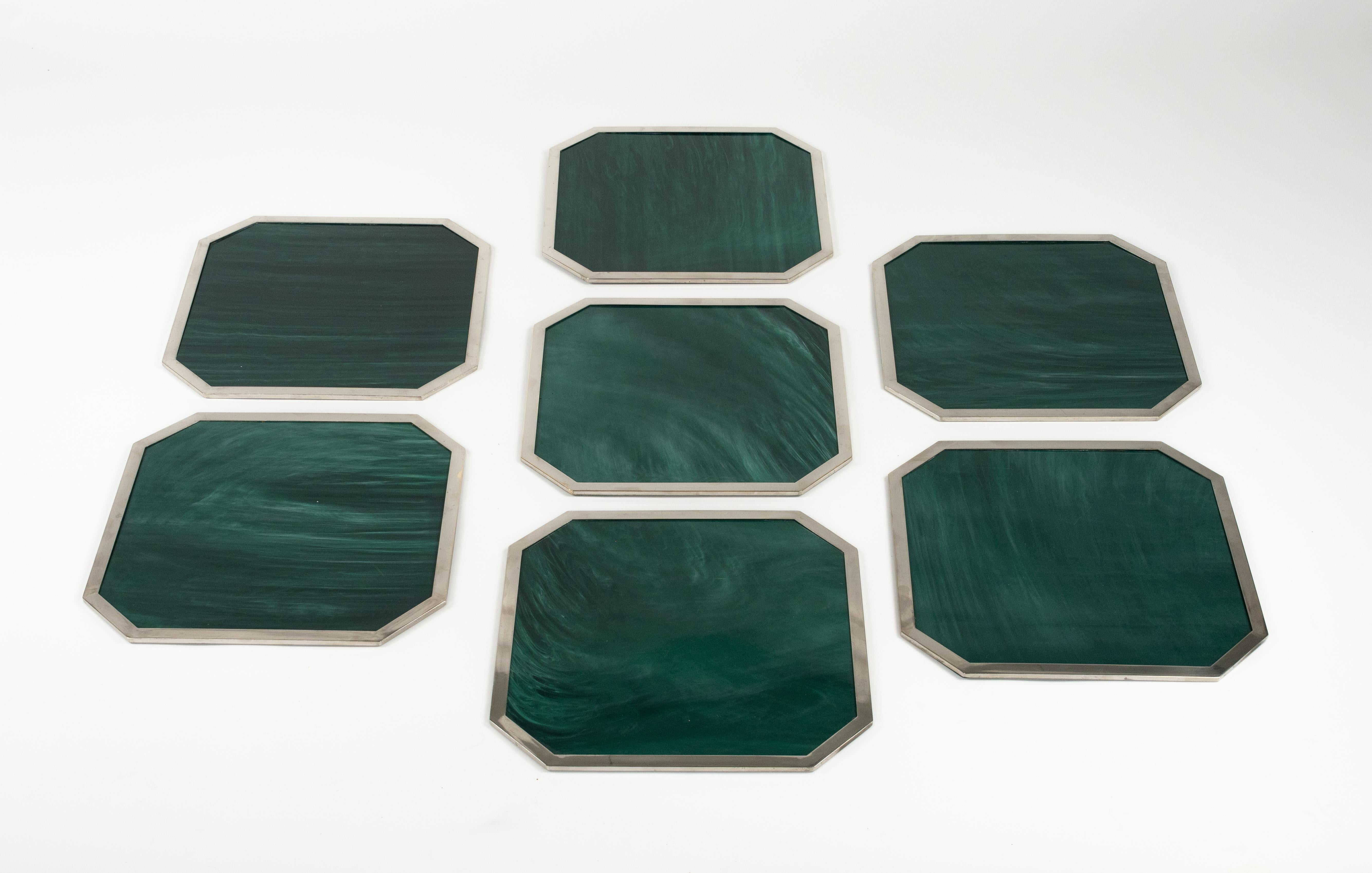 Set of Seven Placemats Marble Effect Acrylic & Chrome by B B Genova, Italy 1970s For Sale 3