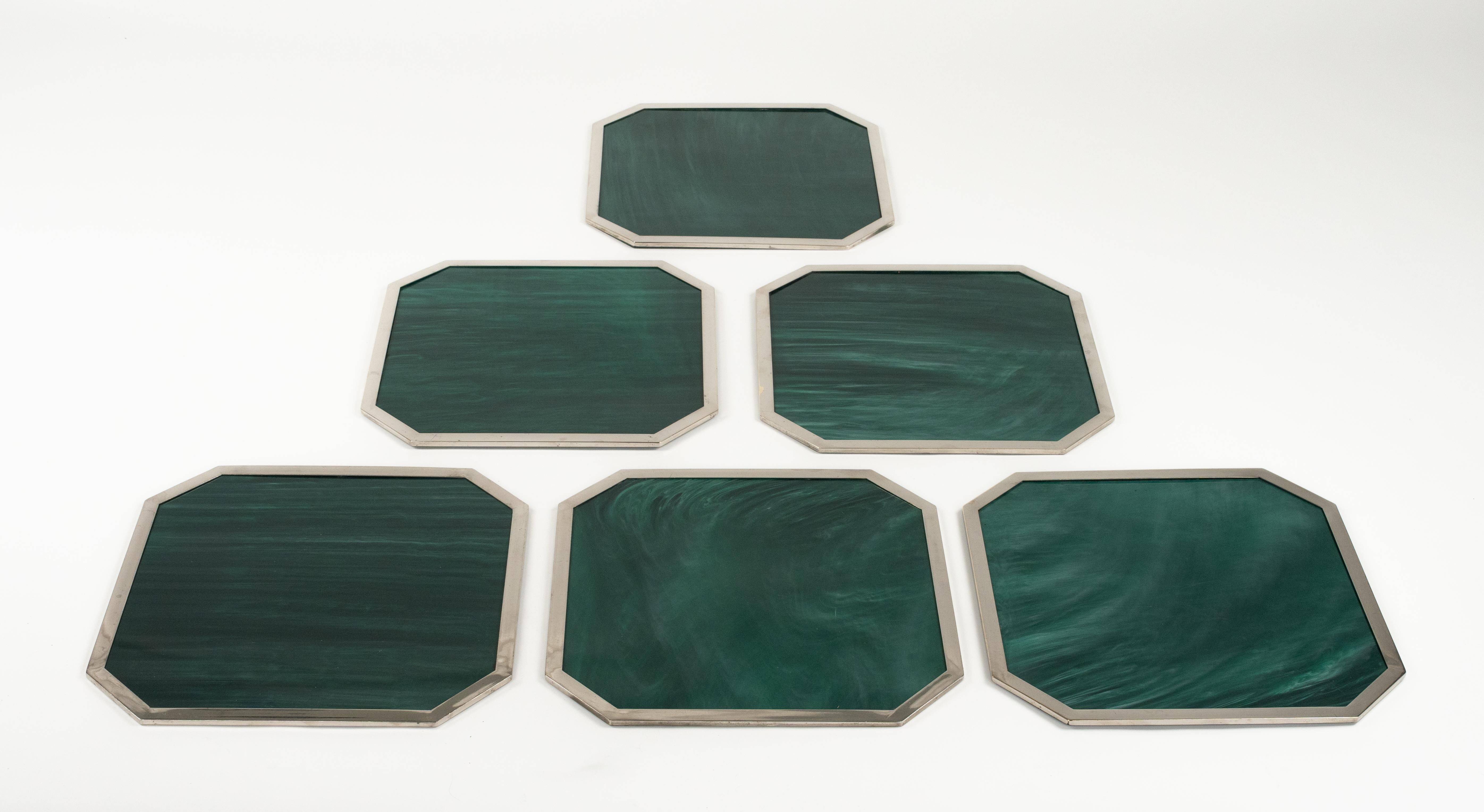 Set of Seven Placemats Marble Effect Acrylic & Chrome by B B Genova, Italy 1970s For Sale 4
