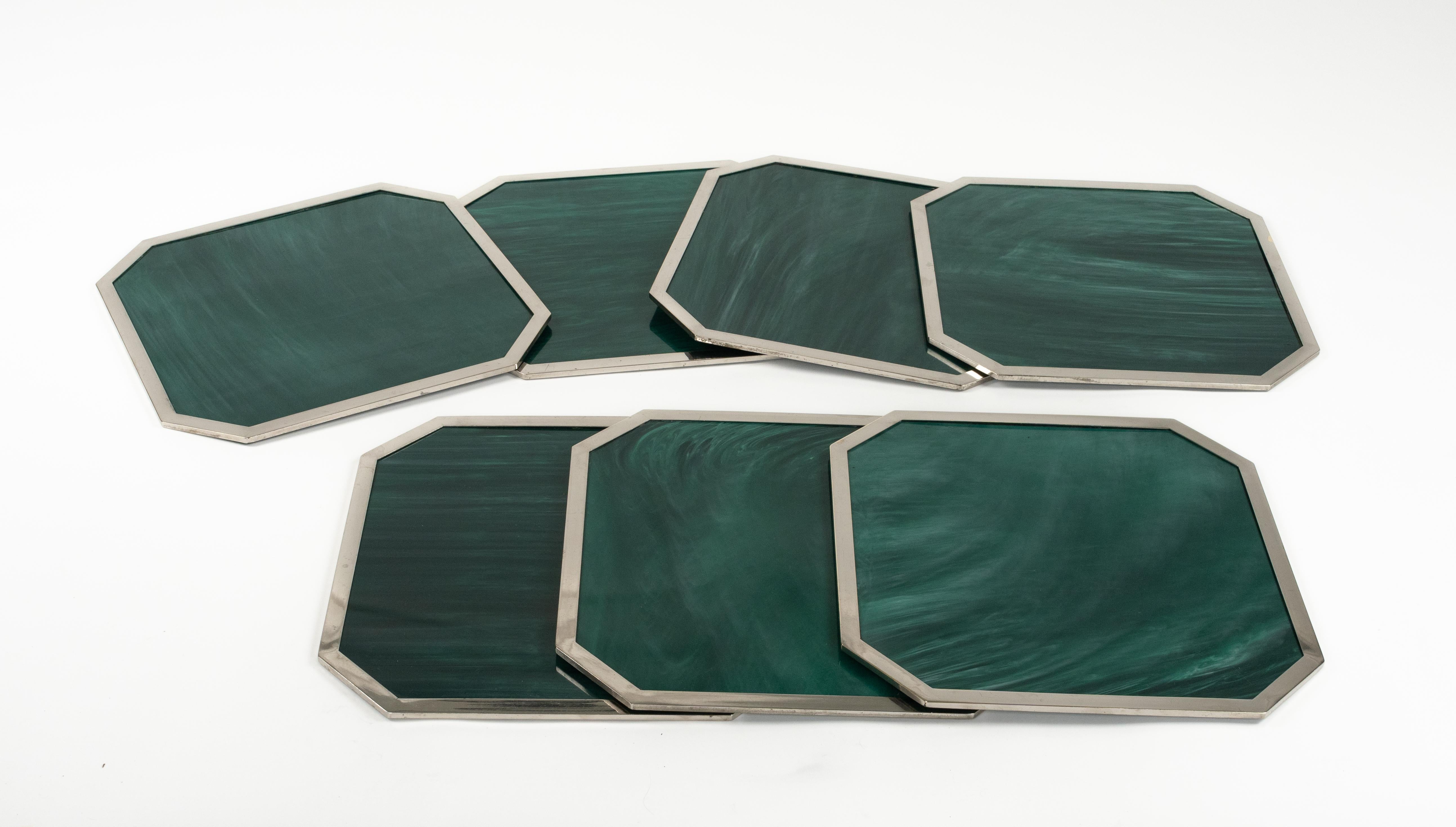 Set of Seven Placemats Marble Effect Acrylic & Chrome by B B Genova, Italy 1970s In Good Condition For Sale In Rome, IT